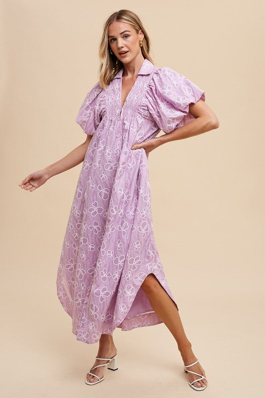 Annie Wear Floral Smock Detail Puff Sleeve Dress-TOPS / DRESSES-[Adult]-[Female]-Pink Purple-S-2022 Online Blue Zone Planet