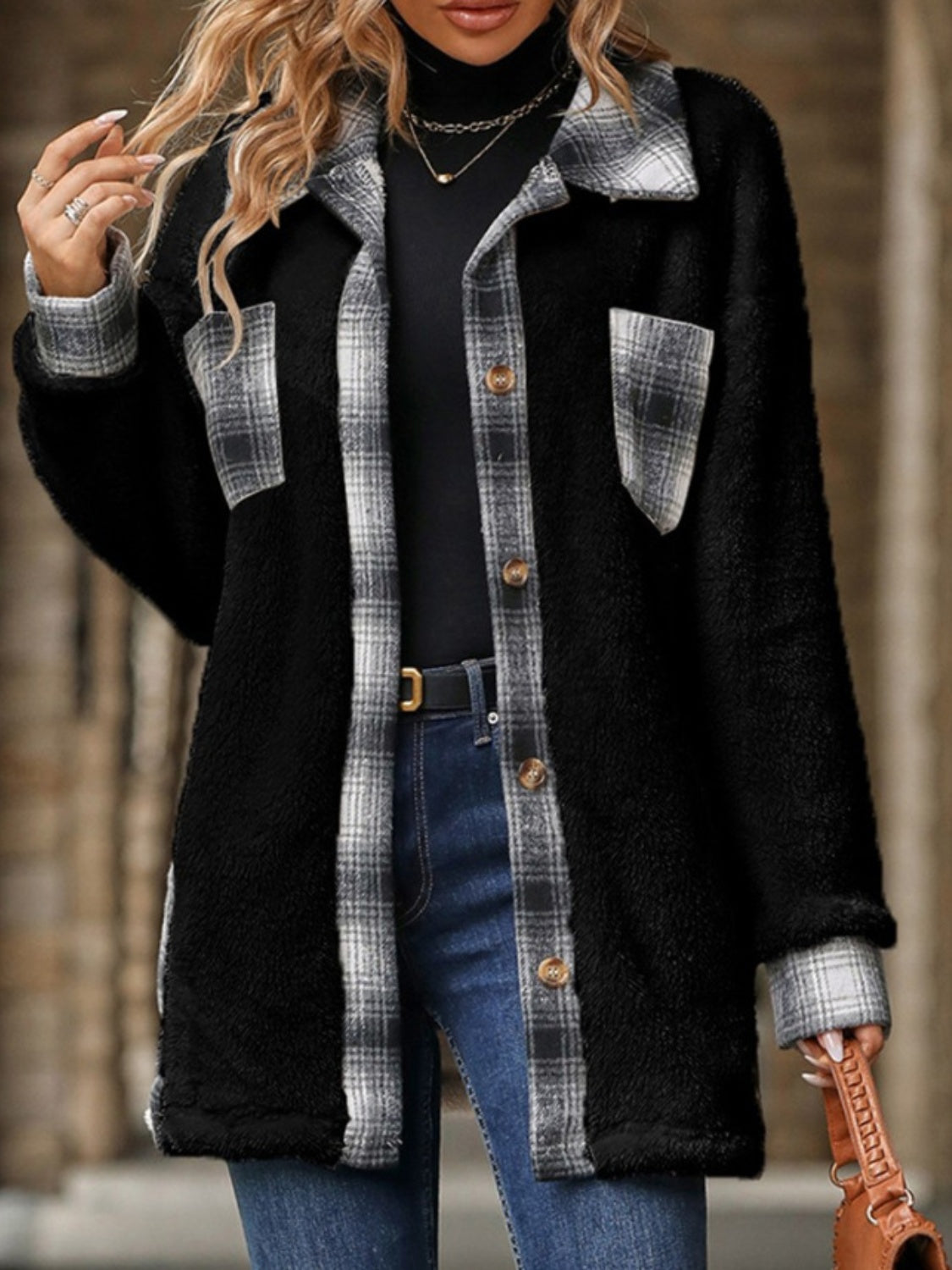 Plaid Button Up Long Sleeve Fuzzy Outerwear-TOPS / DRESSES-[Adult]-[Female]-2022 Online Blue Zone Planet