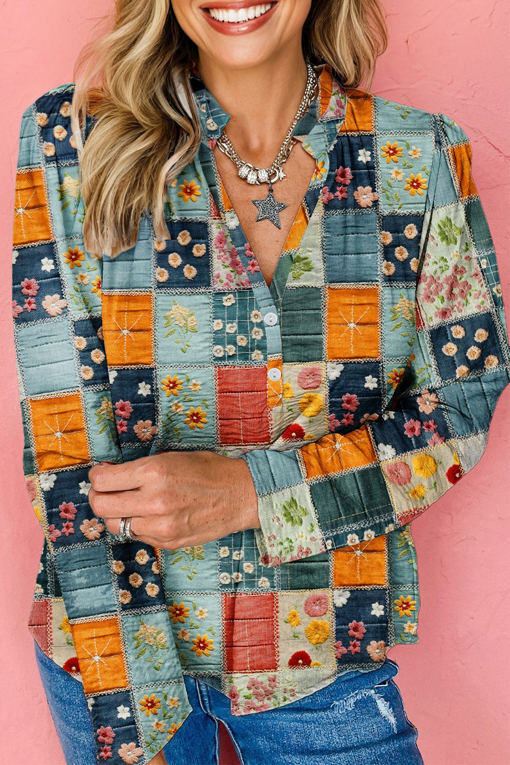 Sky Blue Fall Floral Half Placket Collared V Neck Blouse-Tops/Blouses & Shirts-[Adult]-[Female]-2022 Online Blue Zone Planet