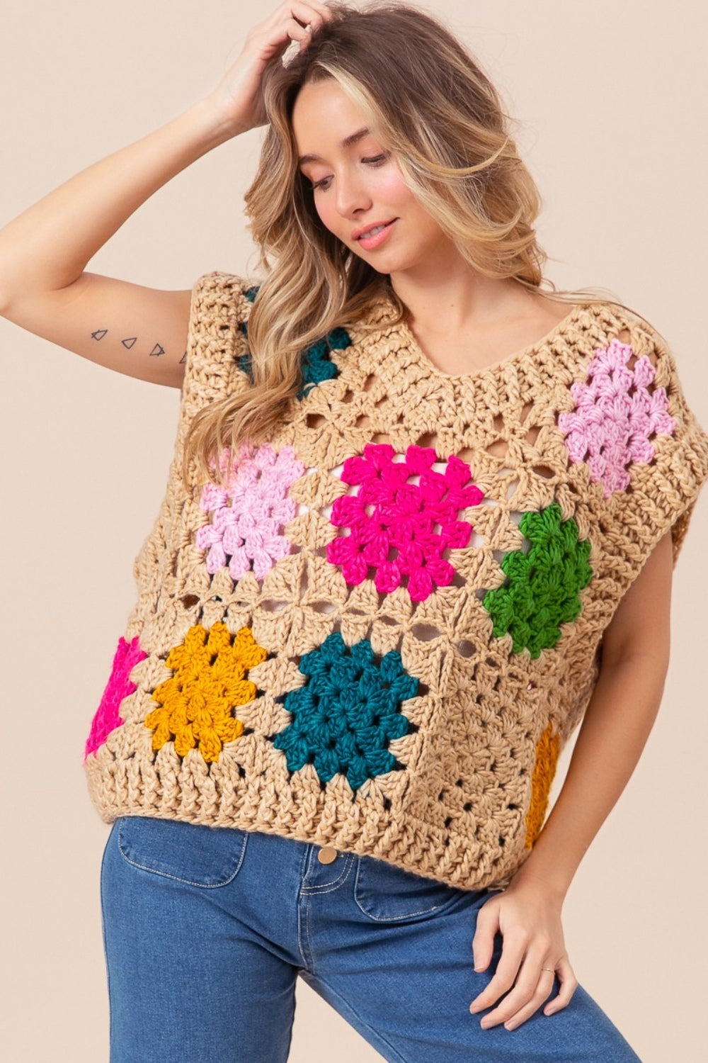 BiBi Granny Square Openwork Sweater Vest-TOPS / DRESSES-[Adult]-[Female]-2022 Online Blue Zone Planet