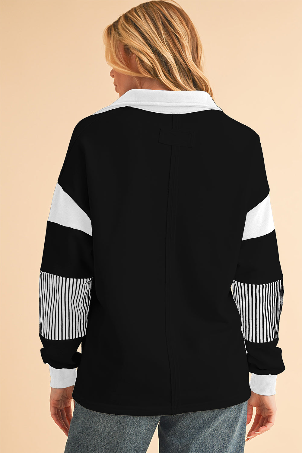 Sail Blue Striped Patchwork Collar Sweatshirt-Sweatshirts & Hoodies-[Adult]-[Female]-2022 Online Blue Zone Planet