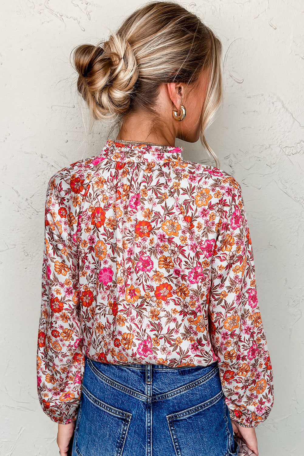 Pink Floral Print Tie Split Neck Bracelet Sleeve Blouse-Bracelet-[Adult]-[Female]-2022 Online Blue Zone Planet