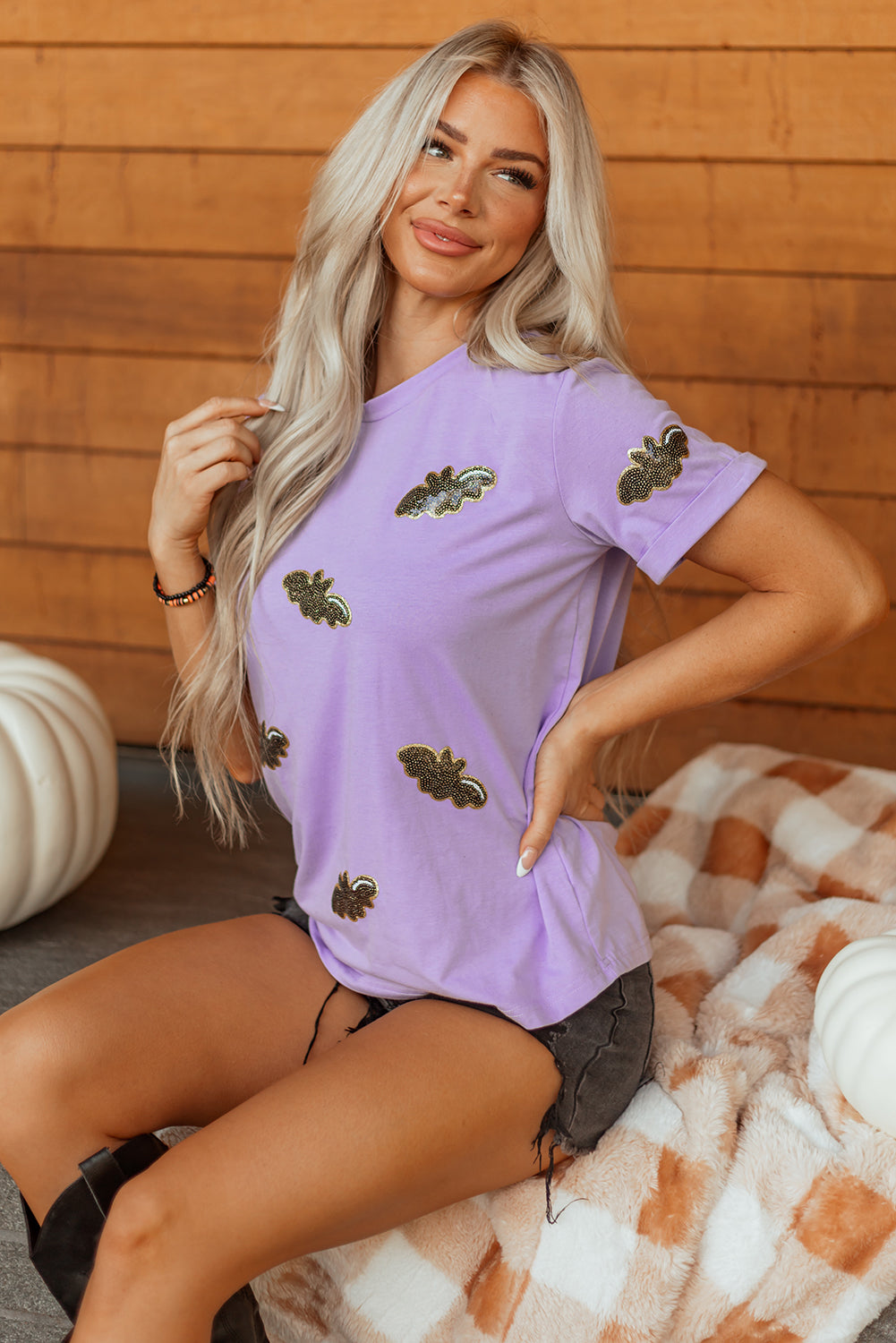 Wisteria Sequin Halloween Bat Patched Casual T Shirt-Graphic/Graphic Tees-[Adult]-[Female]-2022 Online Blue Zone Planet