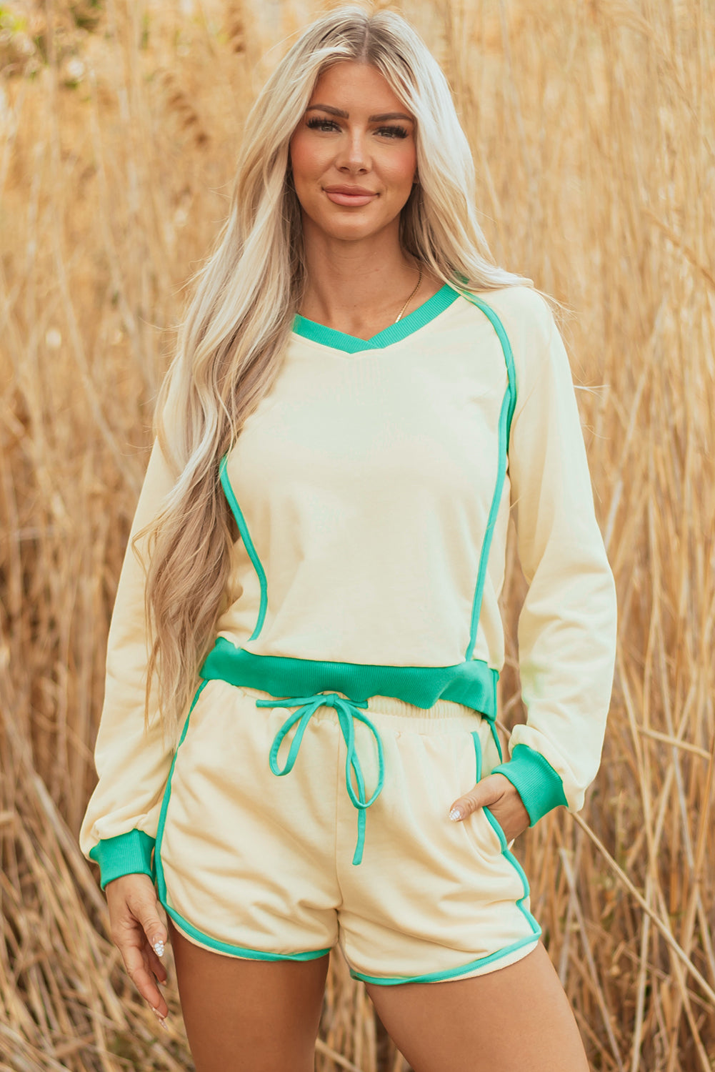 White Contrast Trim Colorblock Long Sleeve Pullover and Drawstring Shorts 2pcs Outfit-Two Piece Sets/Short Sets-[Adult]-[Female]-2022 Online Blue Zone Planet