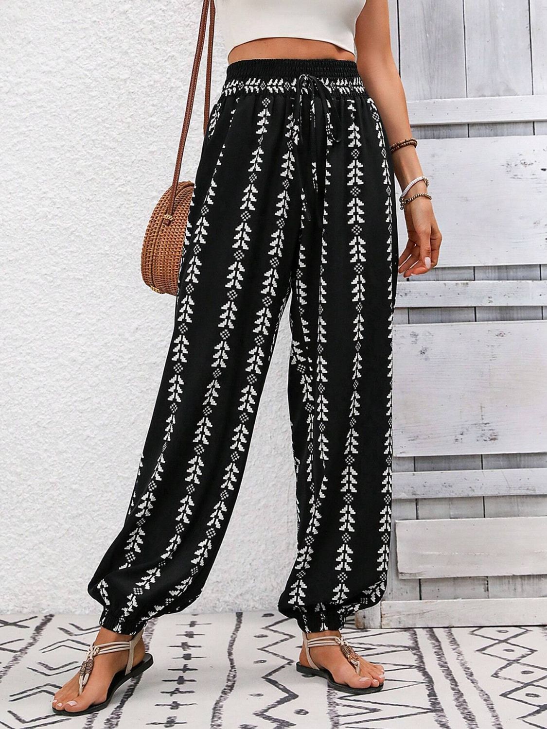 Tied Printed High Waist Pants-BOTTOMS SIZES SMALL MEDIUM LARGE-[Adult]-[Female]-Black-S-2022 Online Blue Zone Planet