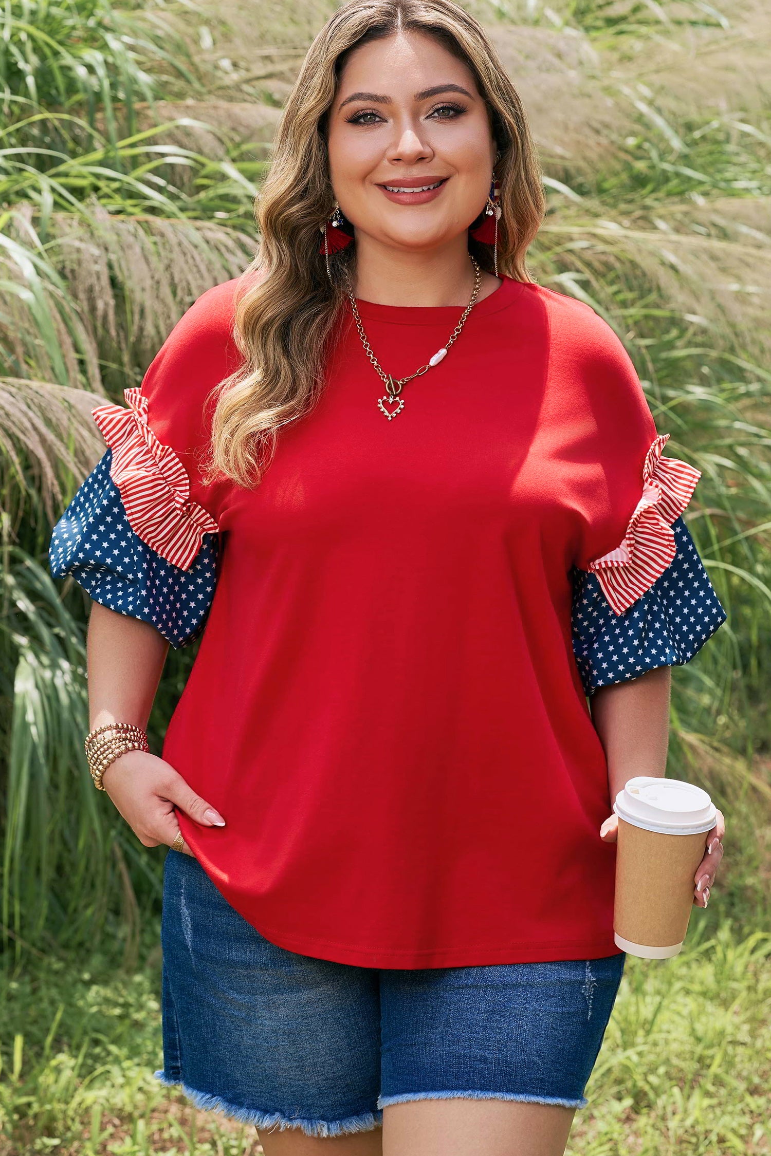 Fiery Red Plus Size Striped Ruffles Star Short Bubble Sleeve Patchwork Top-Plus Size/Plus Size Tops/Plus Size Tops & Tees-[Adult]-[Female]-2022 Online Blue Zone Planet