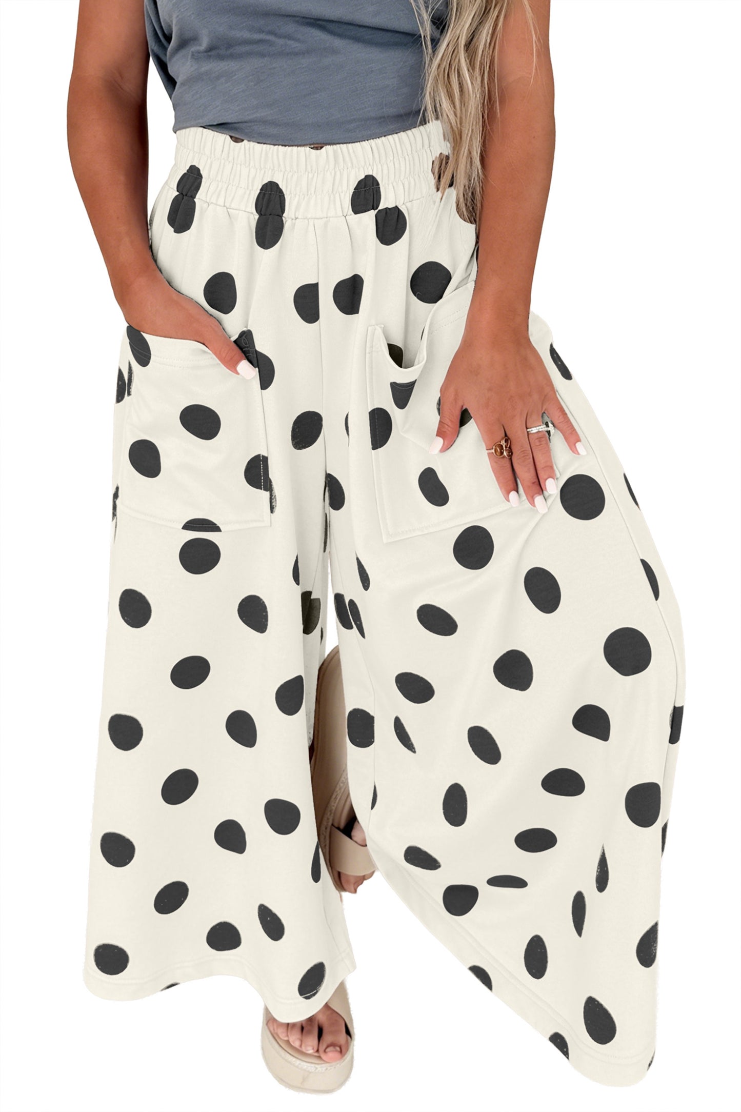 Brown Polka Dot Wide Leg Elastic Waist Casual Pants-Bottoms/Pants & Culotte-[Adult]-[Female]-2022 Online Blue Zone Planet