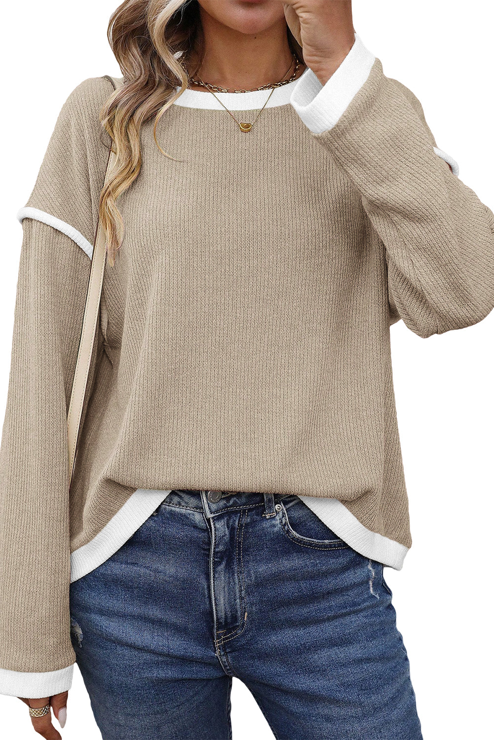 Four Leaf Clover Contrast Color Trim Knit Drop Shoulder Loose Top-Tops/Long Sleeve Tops-[Adult]-[Female]-2022 Online Blue Zone Planet