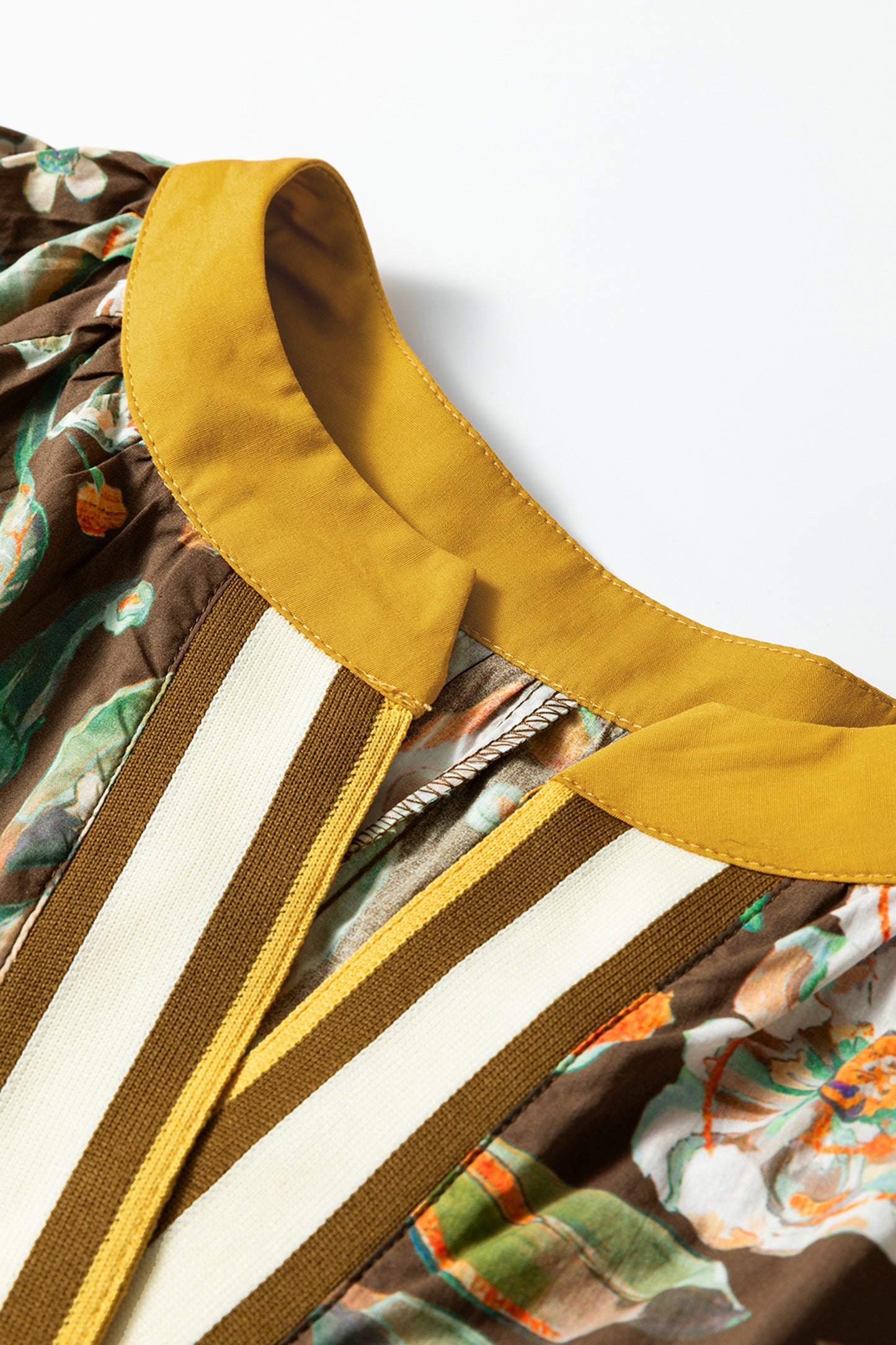 Brown Floral Print Contrast Trim V Neck Pocketed Long Sleeve Mini Dress-TOPS / DRESSES-[Adult]-[Female]-2022 Online Blue Zone Planet