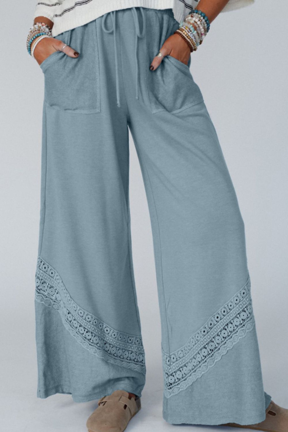 Lace Detail Wide Leg Pants-BOTTOMS SIZES SMALL MEDIUM LARGE-[Adult]-[Female]-Light Blue-S-2022 Online Blue Zone Planet