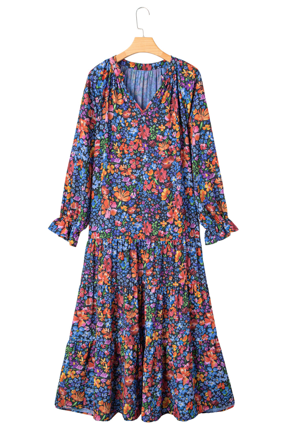 Blue Floral Print Tassel Tie V Neck Long Sleeve Flowy Long Dress-TOPS / DRESSES-[Adult]-[Female]-2022 Online Blue Zone Planet