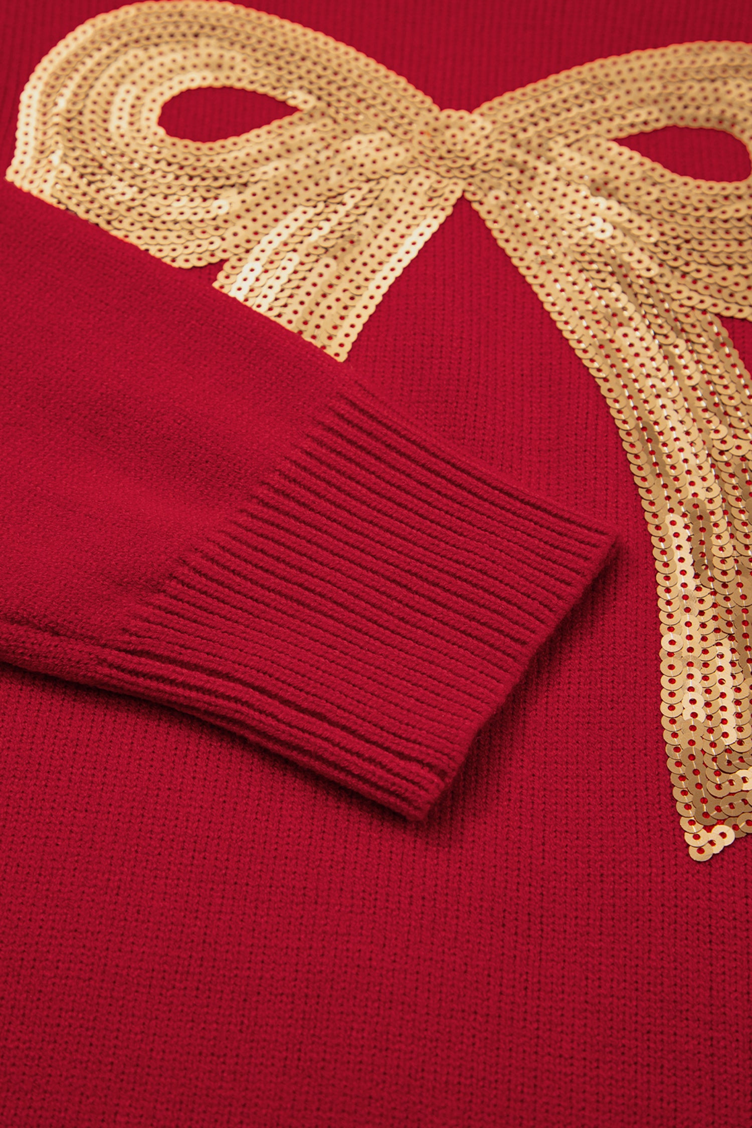 Fiery Red Sequined Bow Graphic Christmas Holiday Sweater-TOPS / DRESSES-[Adult]-[Female]-2022 Online Blue Zone Planet
