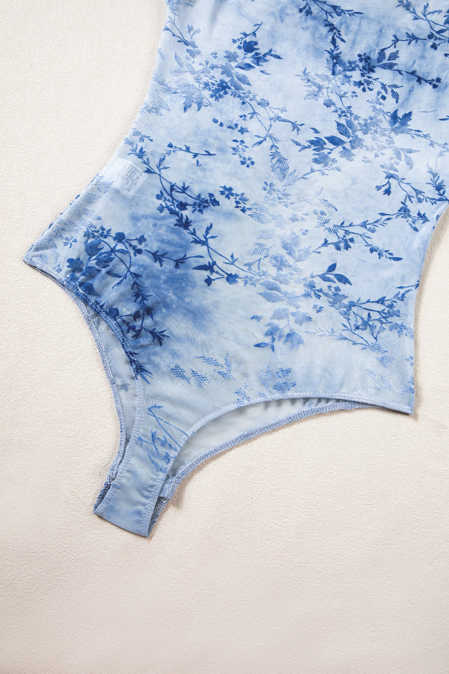 Sky Blue Sheer Mesh Floral Printed Mock Neck Long Sleeve Bodysuit-Tops/Bodysuits-[Adult]-[Female]-2022 Online Blue Zone Planet