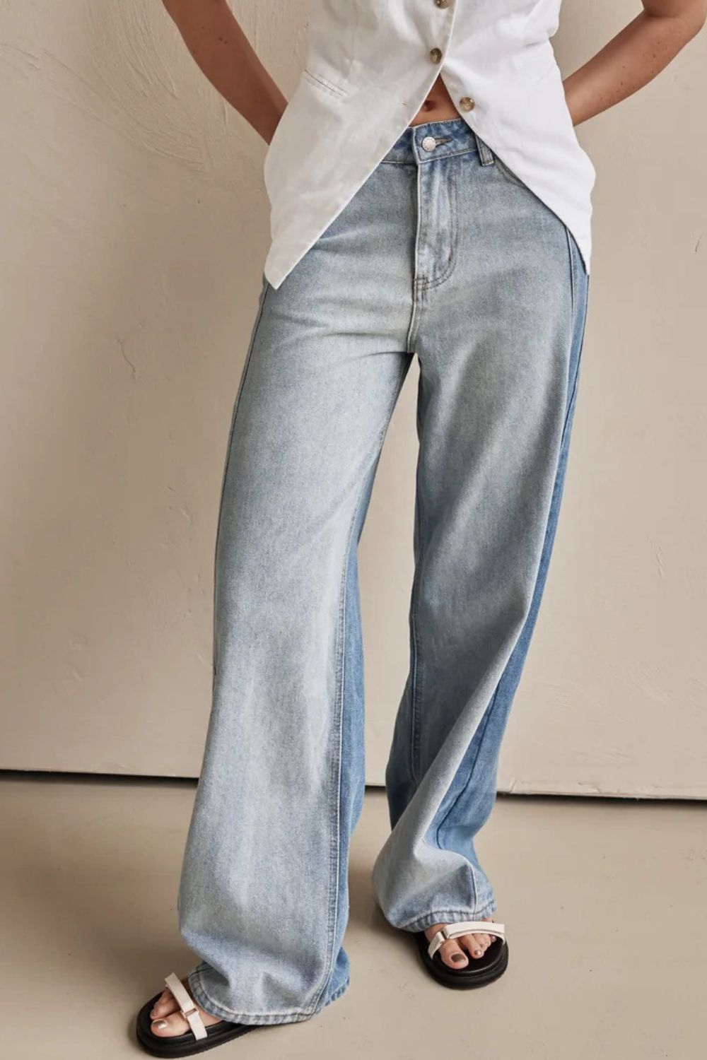 Contrast Straight Leg Jeans with Pockets-BOTTOMS SIZES SMALL MEDIUM LARGE-[Adult]-[Female]-2022 Online Blue Zone Planet