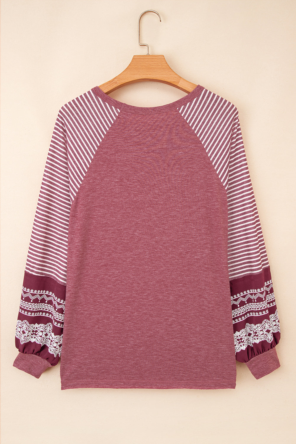 Mineral Red Contrast Print Striped Raglan Long Sleeve Loose Top-Tops/Long Sleeve Tops-[Adult]-[Female]-2022 Online Blue Zone Planet