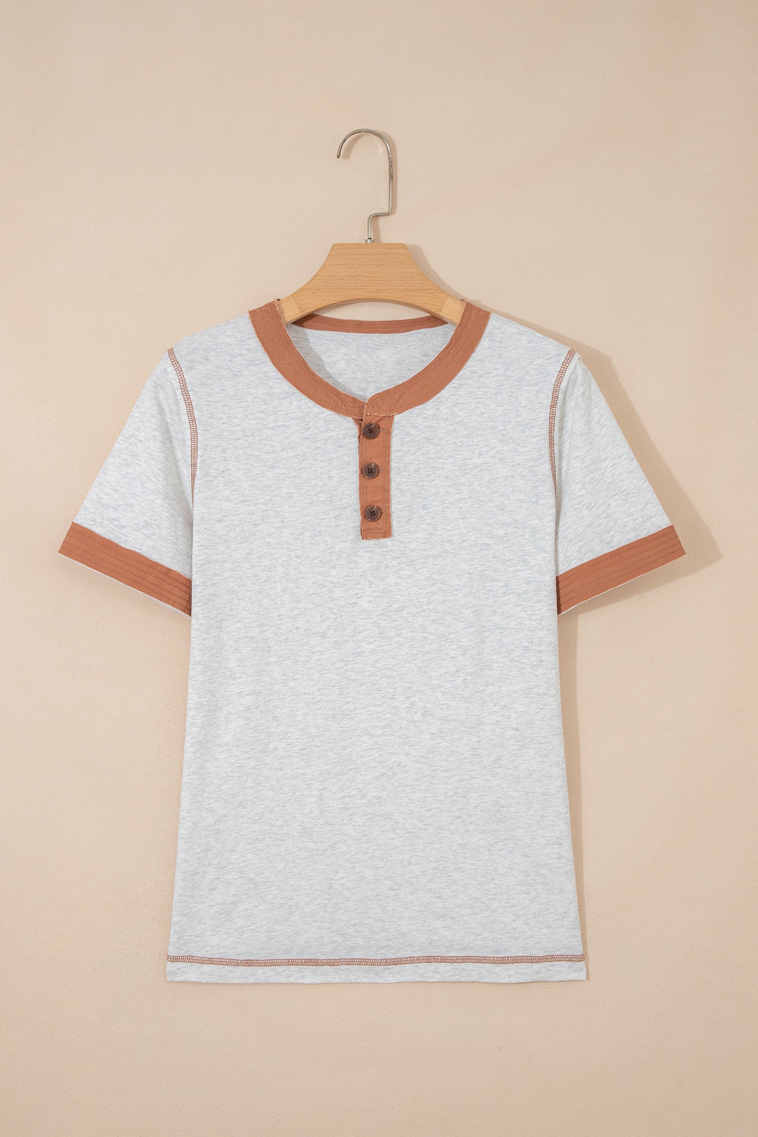 Light Grey Raw Seam Color Block Detail Buttoned Henley Tee-Tops/Tops & Tees-[Adult]-[Female]-2022 Online Blue Zone Planet