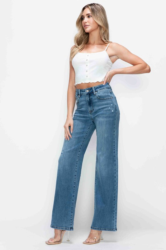 Blue Zone Planet | bytos Full Size High Rise Wide Leg Jeans with Pockets-BOTTOMS SIZES SMALL MEDIUM LARGE-[Adult]-[Female]-2022 Online Blue Zone Planet