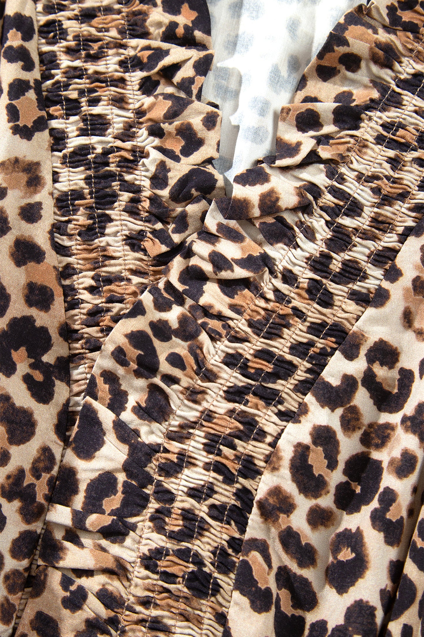 Brown Leopard Print V Neck Long Sleeve Gathered Waist Plus Size Dress-TOPS / DRESSES-[Adult]-[Female]-2022 Online Blue Zone Planet