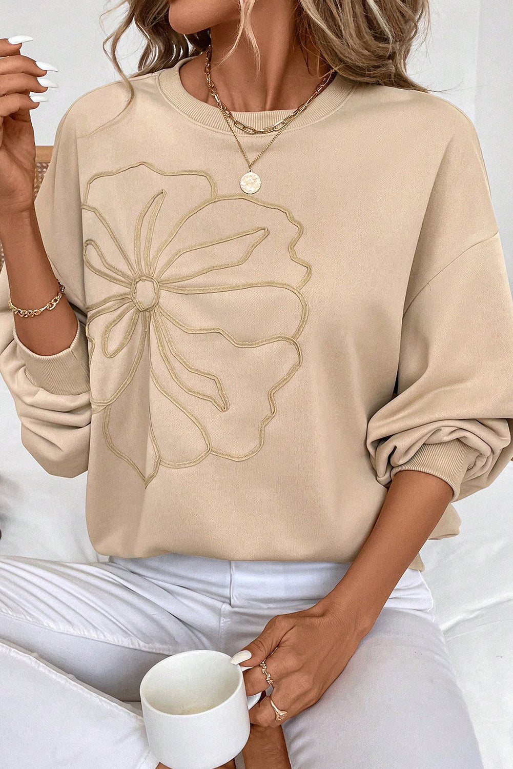 Parchment Embroidered Flower Pattern Drop Shoulder Sweatshirt-Tops/Sweatshirts & Hoodies-[Adult]-[Female]-Parchment-S-2022 Online Blue Zone Planet