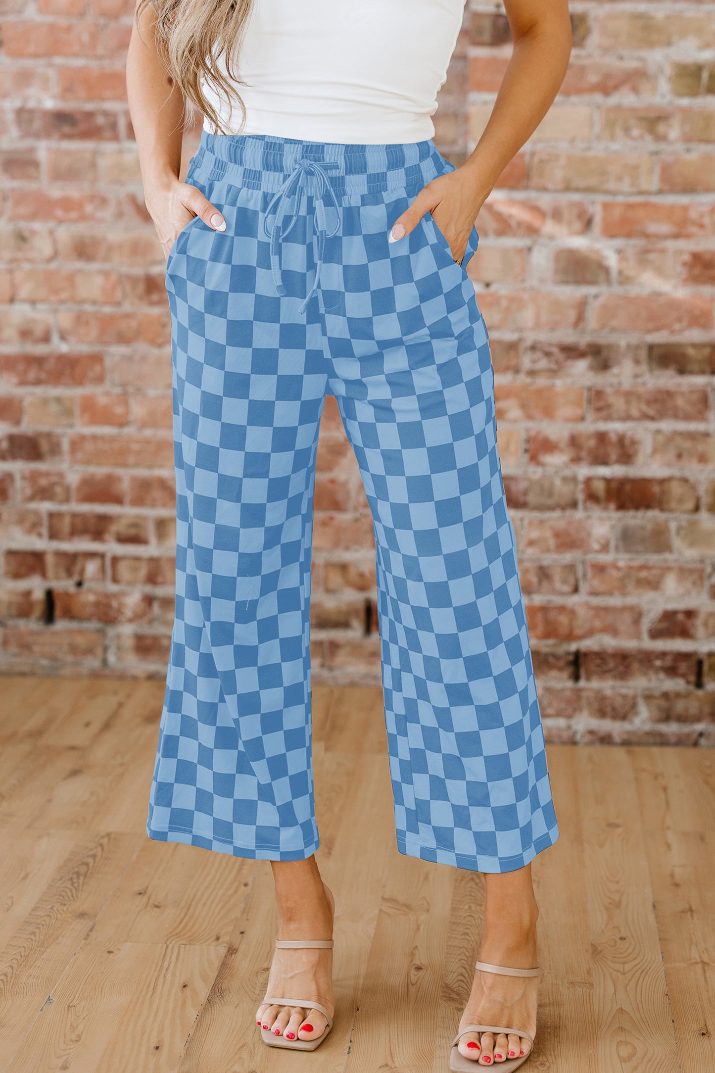 Sky Blue Checkered Elastic High Waist Loose Casual Pants-Bottoms/Pants & Culotte-[Adult]-[Female]-2022 Online Blue Zone Planet