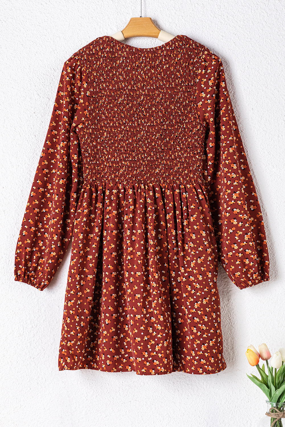 Brown Floral Smocked Bodice Mini Dress-TOPS / DRESSES-[Adult]-[Female]-2022 Online Blue Zone Planet