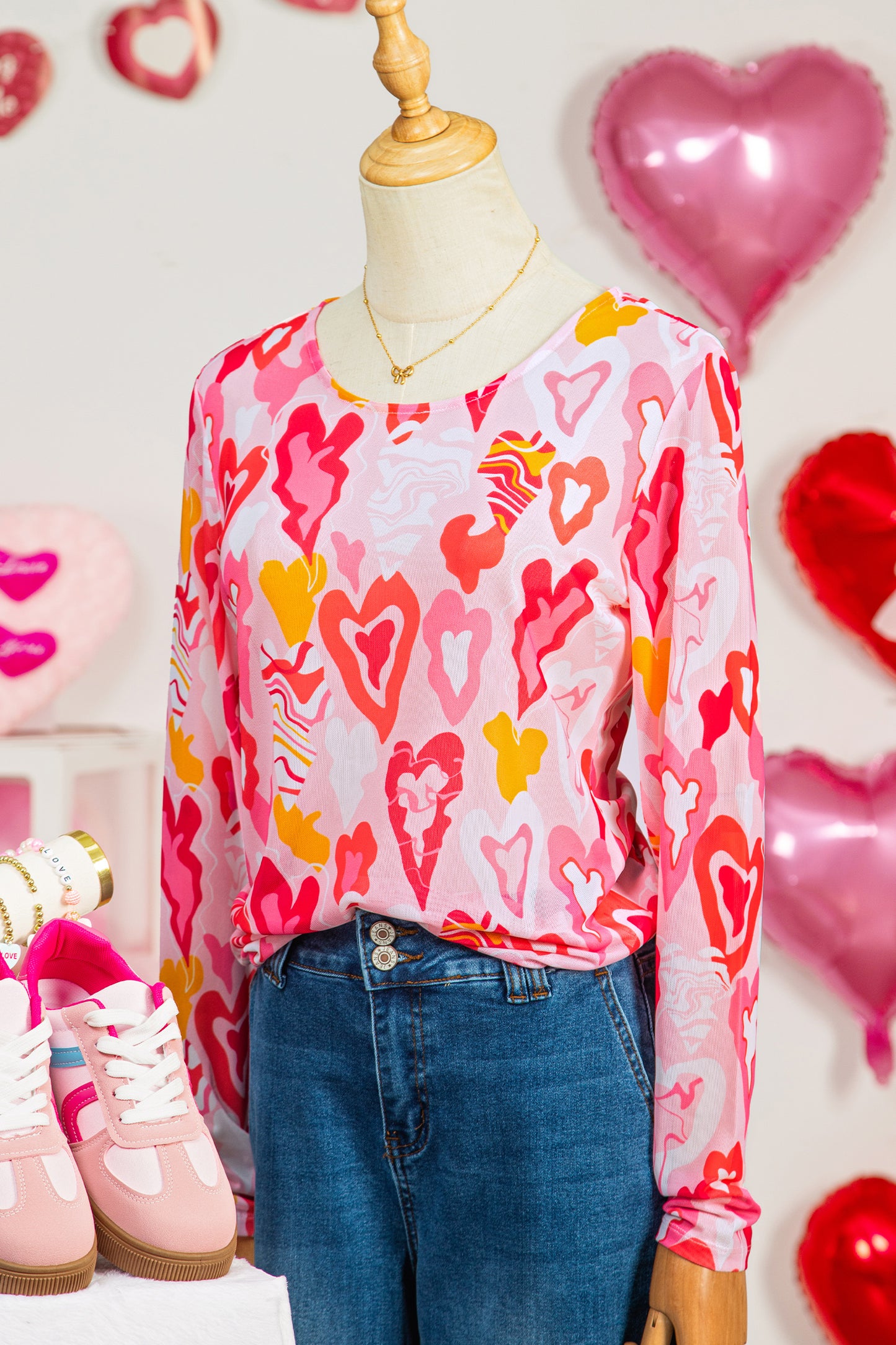 Rose Valentine Heart Mesh Long Sleeve Top-Tops/Long Sleeve Tops-[Adult]-[Female]-2022 Online Blue Zone Planet
