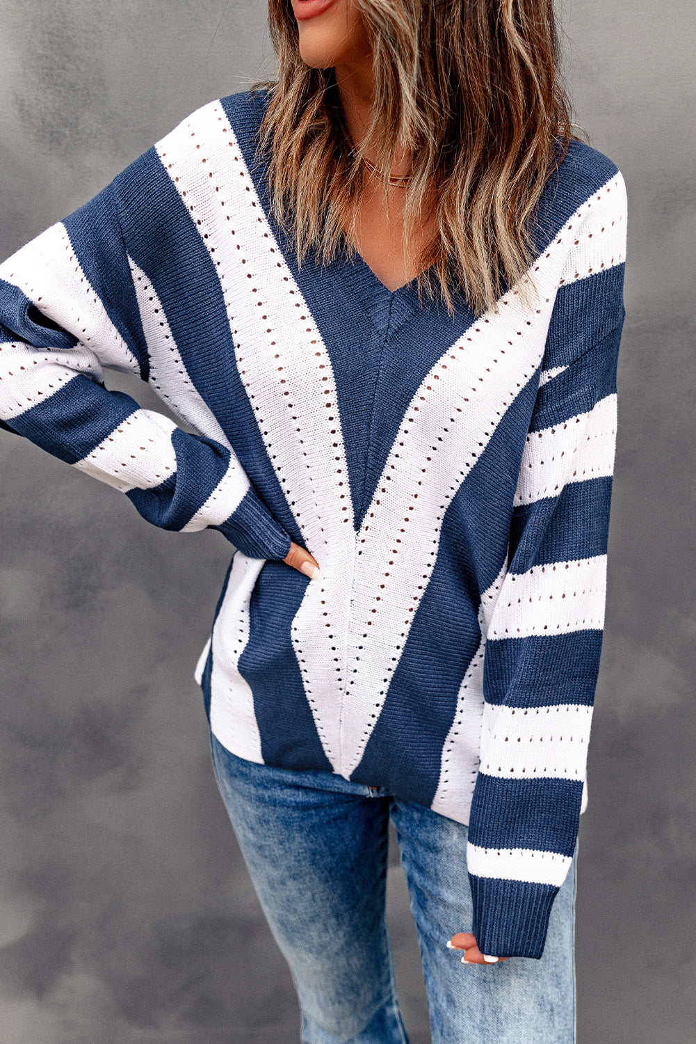 Blue Striped Colorblock V Neck Knitted Sweater-TOPS / DRESSES-[Adult]-[Female]-2022 Online Blue Zone Planet
