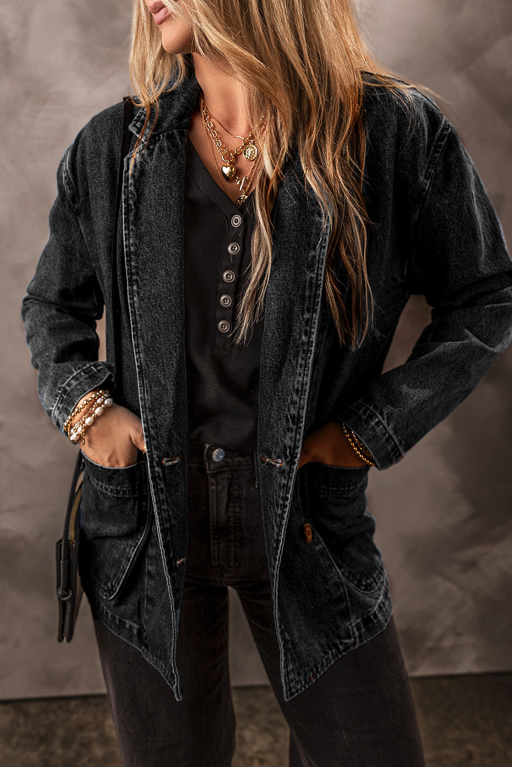 Black Side Pockets Lapel Collar Denim Jacket-Outerwear/Denim jackets-[Adult]-[Female]-2022 Online Blue Zone Planet