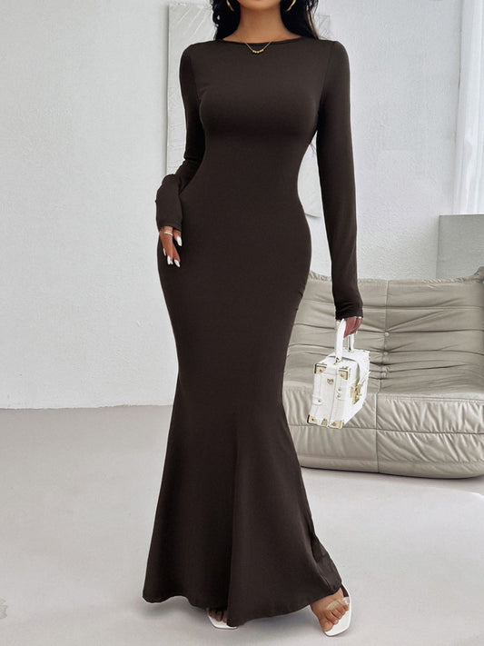 Devine Backless Round Neck Long Sleeve Maxi Dress-TOPS / DRESSES-[Adult]-[Female]-Chocolate-S-2022 Online Blue Zone Planet