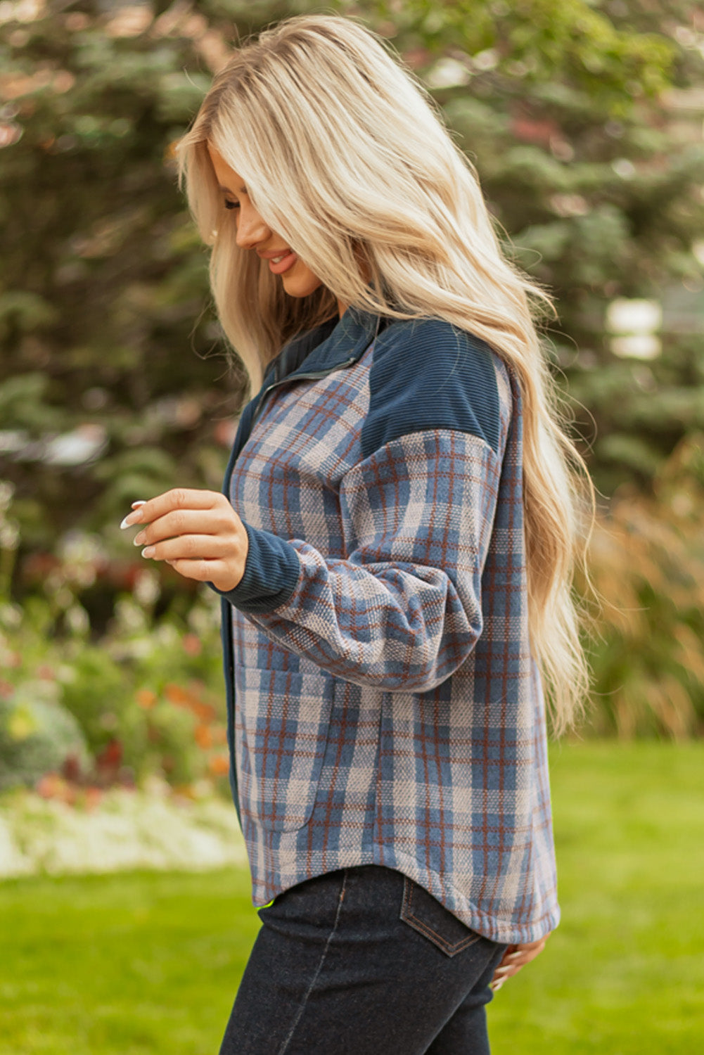 Gray Plaid Corduroy Patchwork Collared Zip Up Snap Button Jacket-Outerwear/Plaid Shackets-[Adult]-[Female]-2022 Online Blue Zone Planet