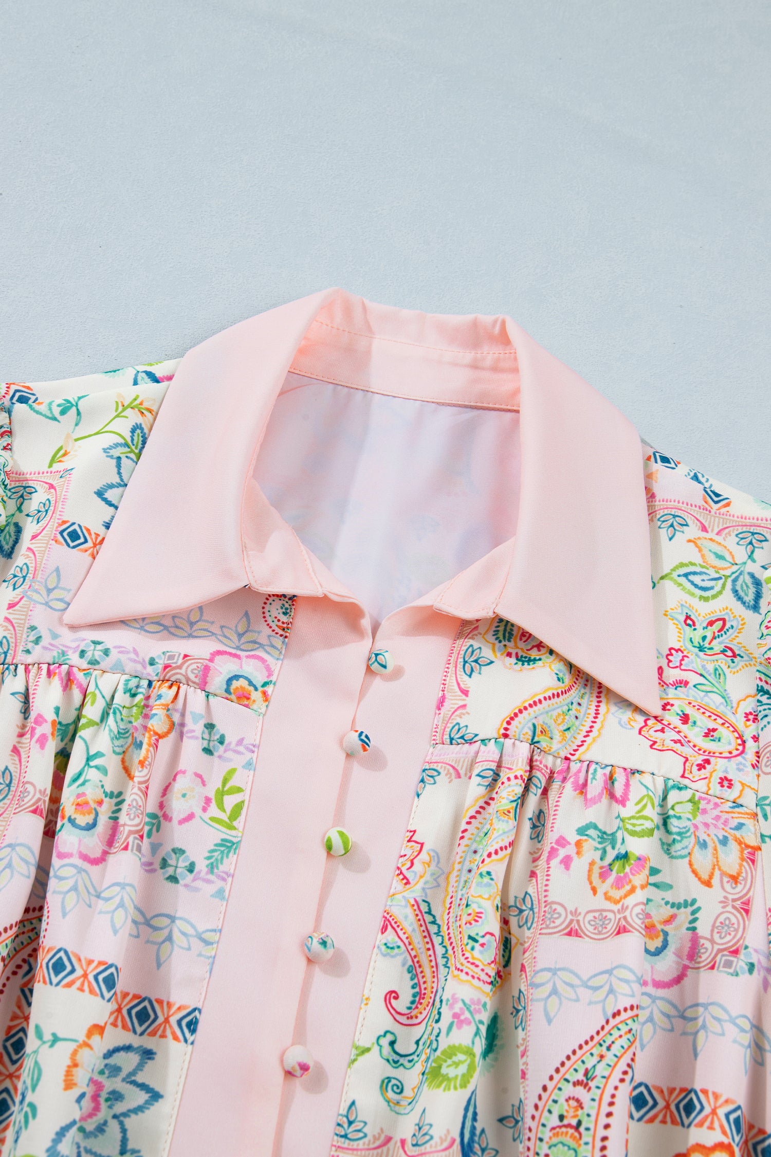 Pink Boho Floral Print Color Block Trim Half Button Belted Mini Dress-TOPS / DRESSES-[Adult]-[Female]-2022 Online Blue Zone Planet