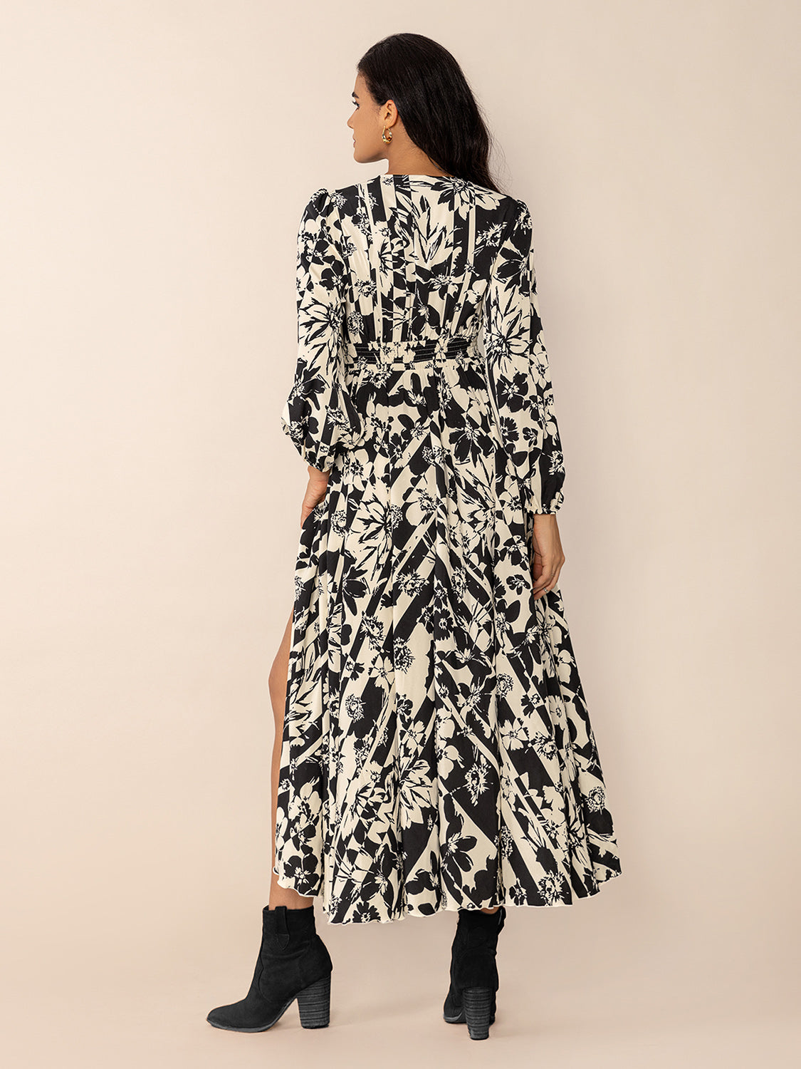 Tied Printed V-Neck Long Sleeve Midi Dress-TOPS / DRESSES-[Adult]-[Female]-2022 Online Blue Zone Planet