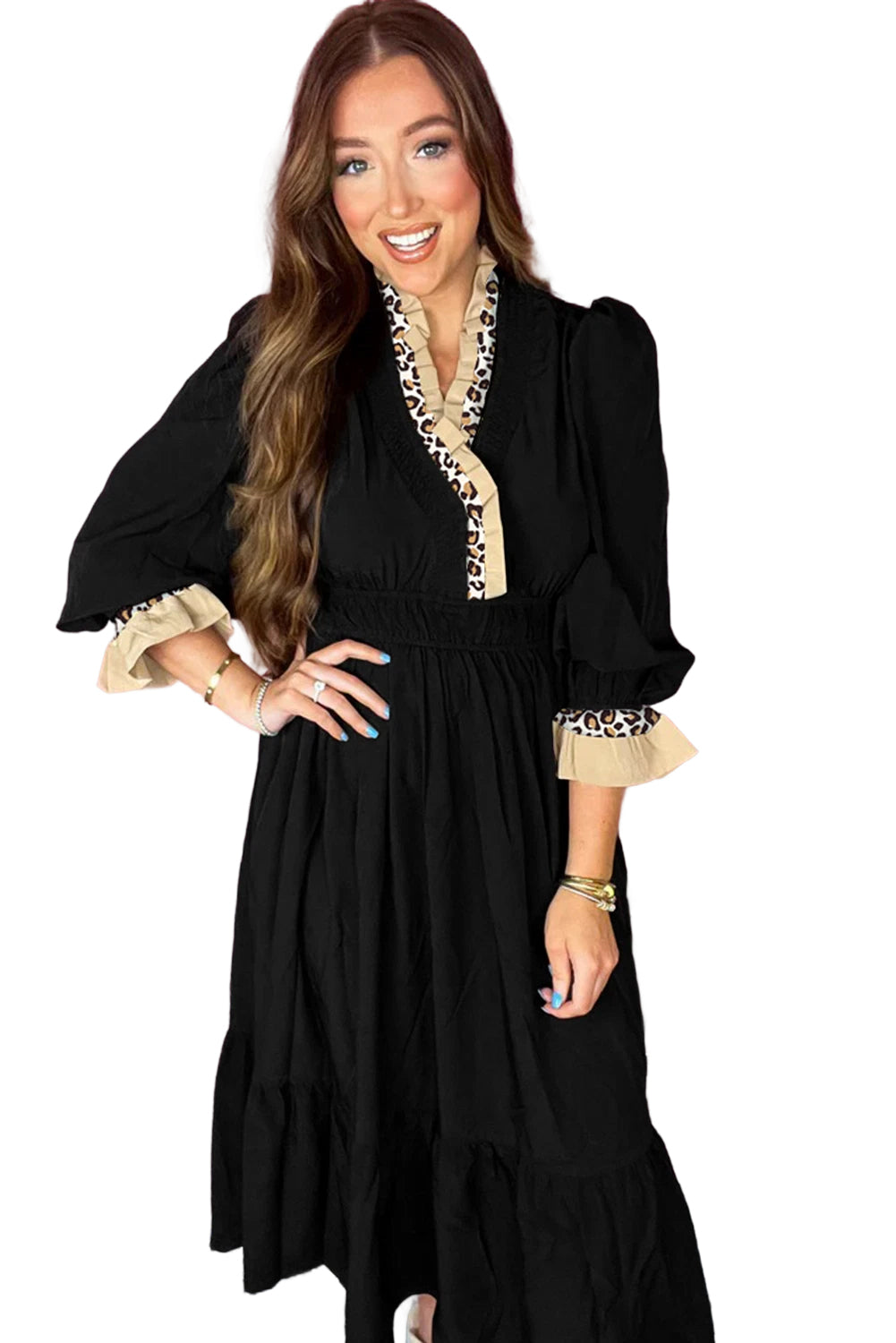 Black Contrast Leopard Frilled Trim V Neck Bracelet Sleeve Midi Dress-Bracelet-[Adult]-[Female]-2022 Online Blue Zone Planet