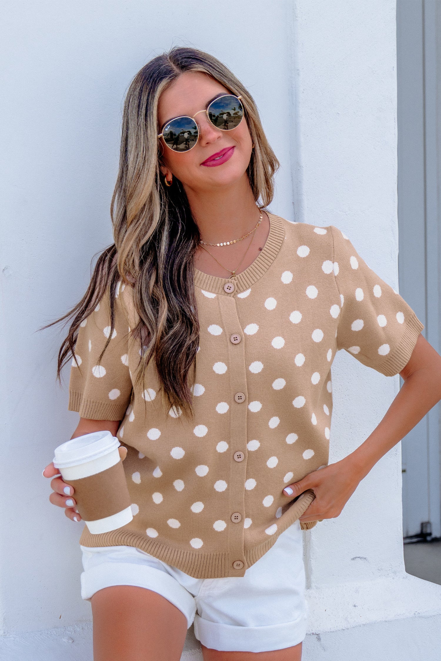 Dark Khaki Polka Dot Short Sleeve Button Down Sweater Cardigan-Sweaters & Cardigans/Cardigans-[Adult]-[Female]-2022 Online Blue Zone Planet