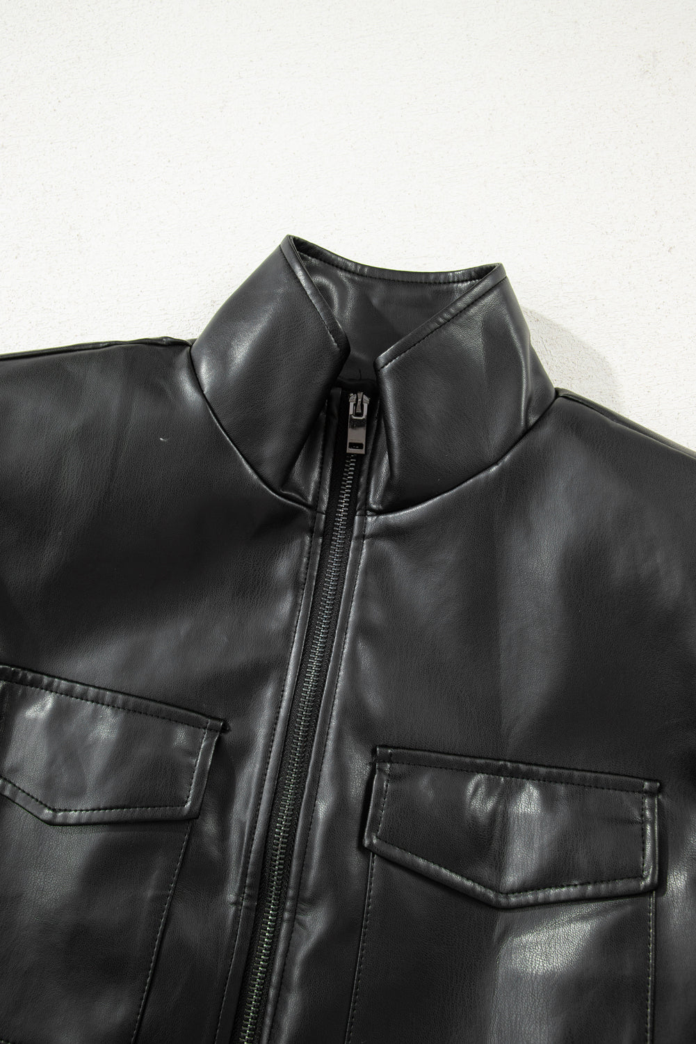 Black Double Flap Pocket Faux Leather Zip Up Stand Neck Vest-Outerwear/Vests-[Adult]-[Female]-2022 Online Blue Zone Planet