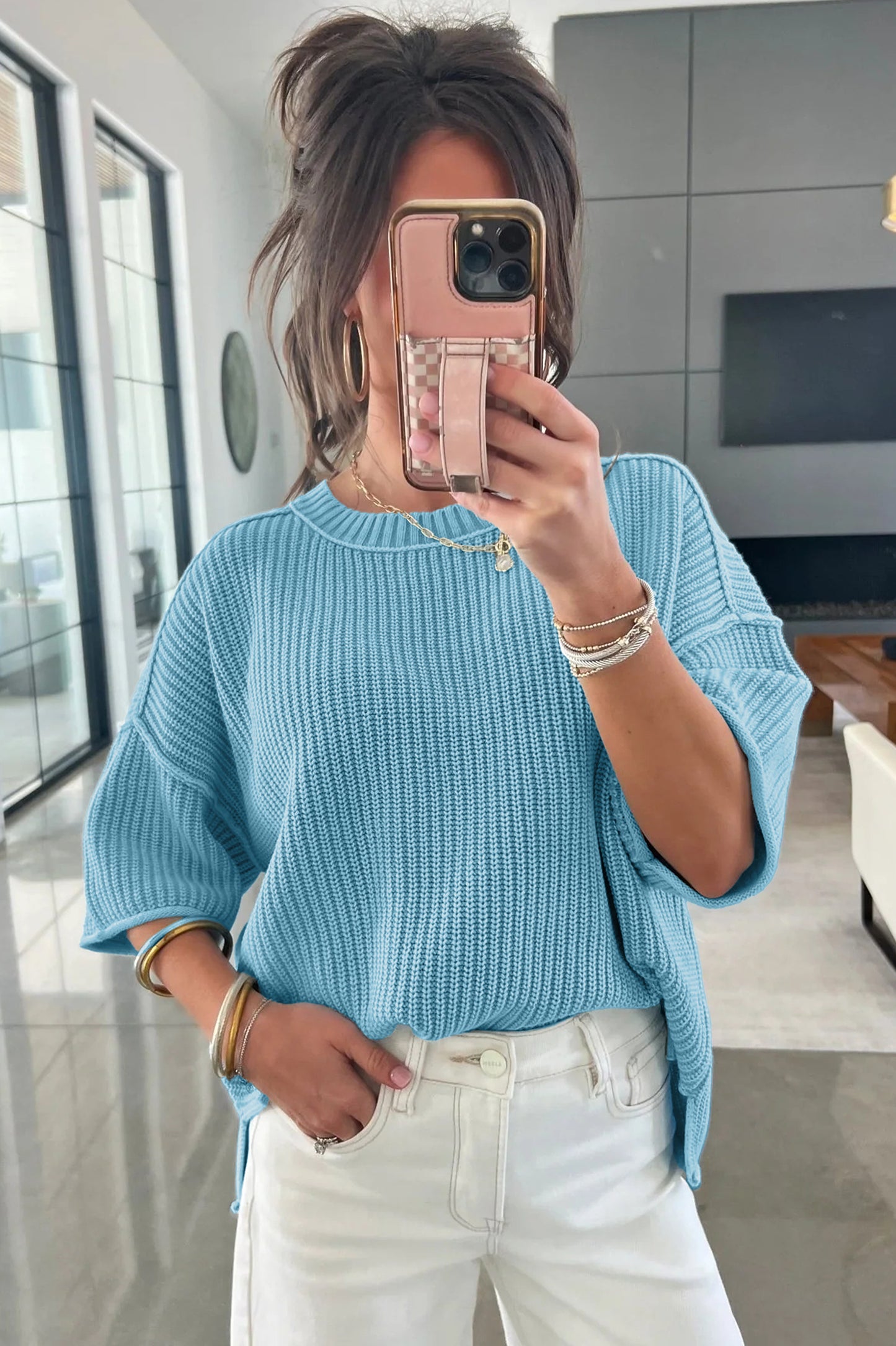 Mist Blue Exposed Seam Detail Half Sleeve Loose Sweater-Sweaters & Cardigans/Short Sleeve Sweaters-[Adult]-[Female]-2022 Online Blue Zone Planet