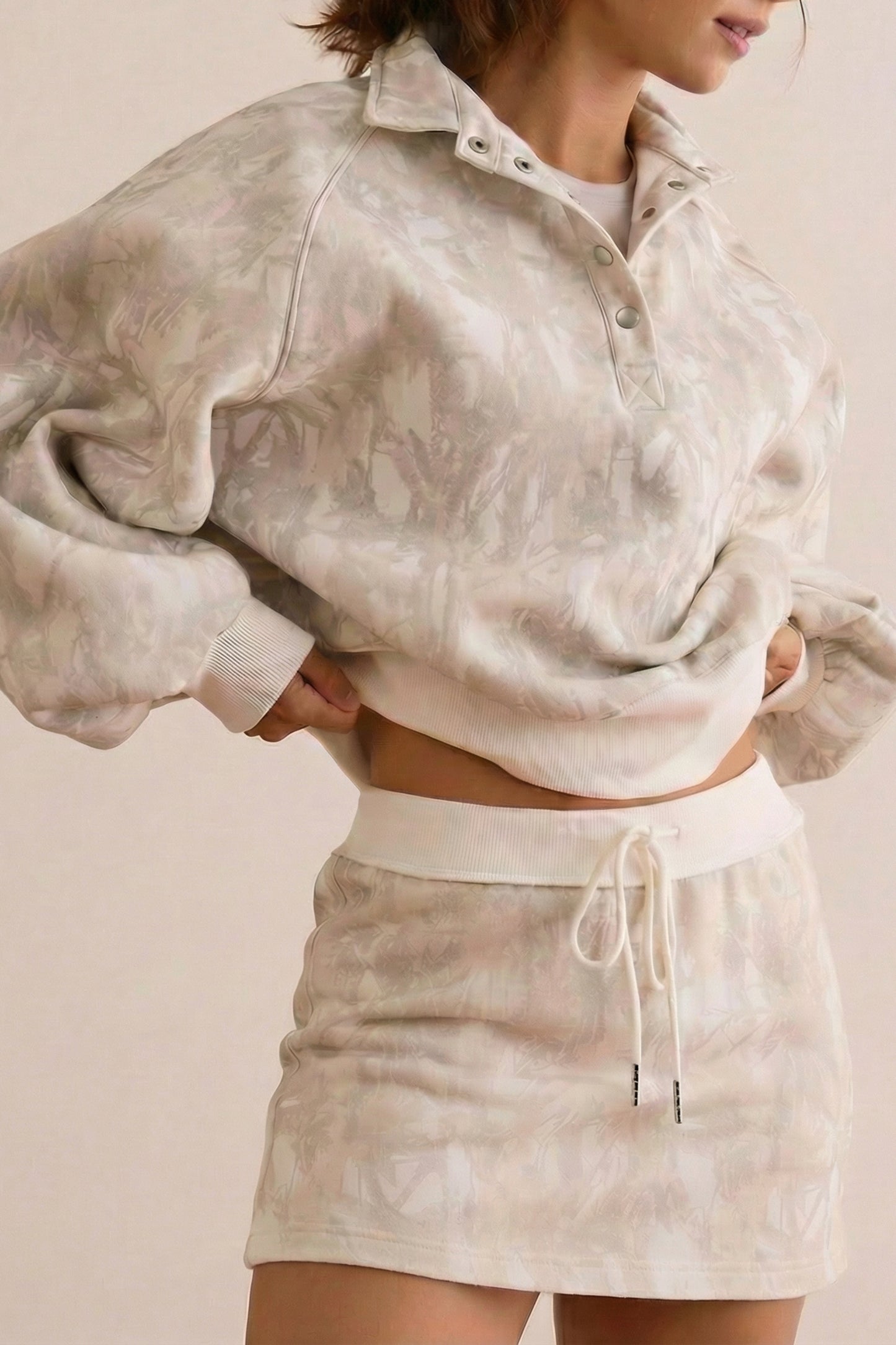 White Abstract Woodland Print Balloon Sleeve Pullover Drawstring Mini Skirt Set-Two Piece Sets/Two Piece Dresses-[Adult]-[Female]-White-S-2022 Online Blue Zone Planet