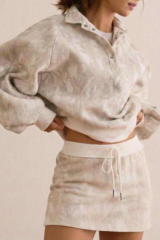 White Abstract Woodland Print Balloon Sleeve Pullover Drawstring Mini Skirt Set-Two Piece Sets/Two Piece Dresses-[Adult]-[Female]-White-S-2022 Online Blue Zone Planet