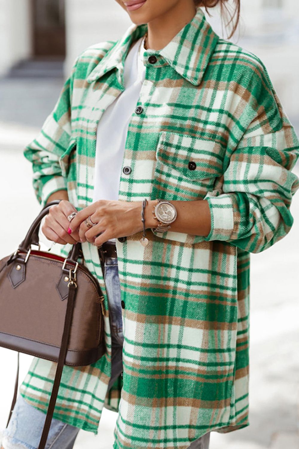 Plaid Flap Pocket Long Sleeve Shacket-TOPS / DRESSES-[Adult]-[Female]-Green-S-2022 Online Blue Zone Planet