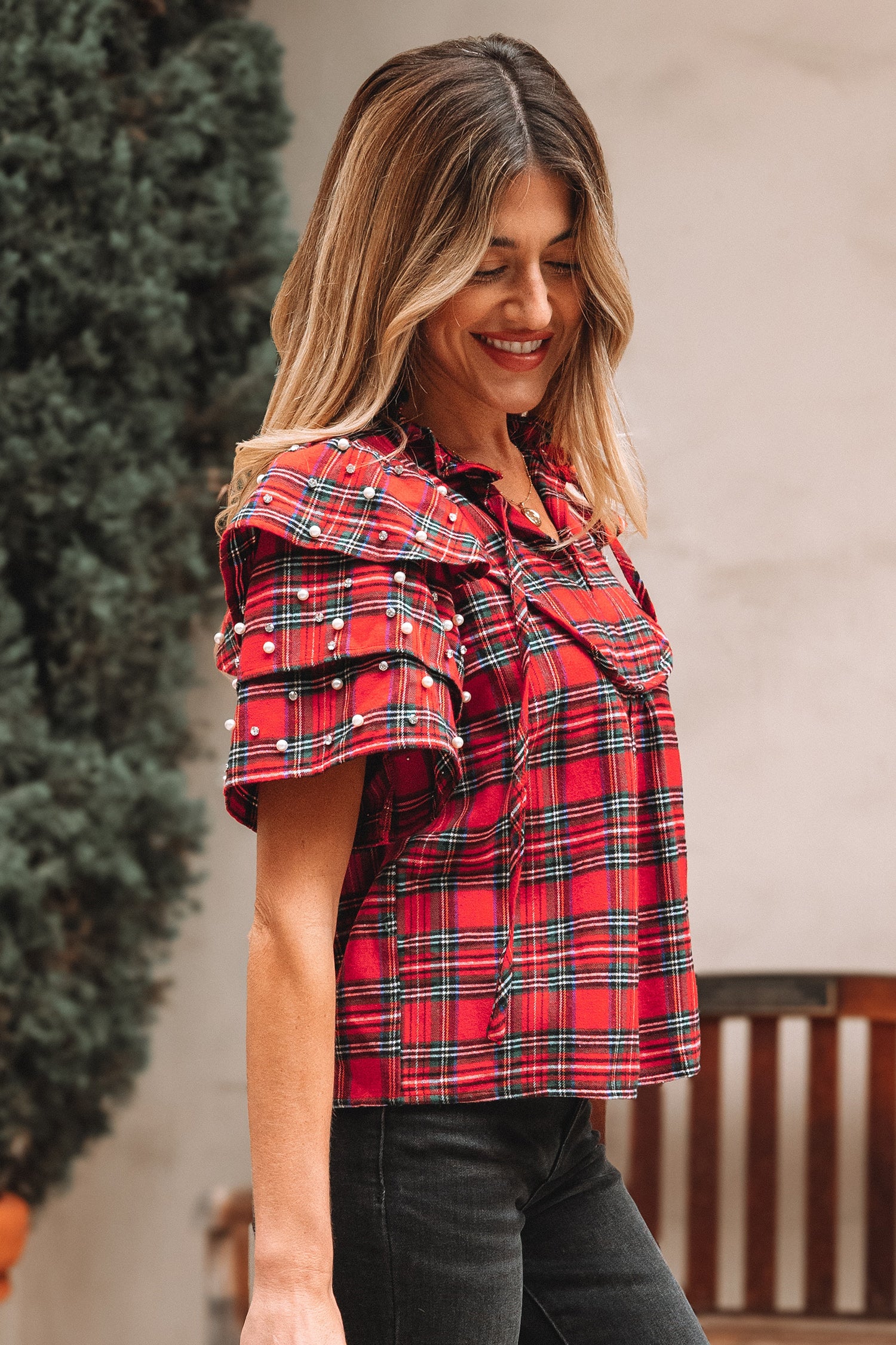 Red Festive Plaid Pearl Embellished Ruffle Short Sleeve Blouse-Tops/Blouses & Shirts-[Adult]-[Female]-2022 Online Blue Zone Planet
