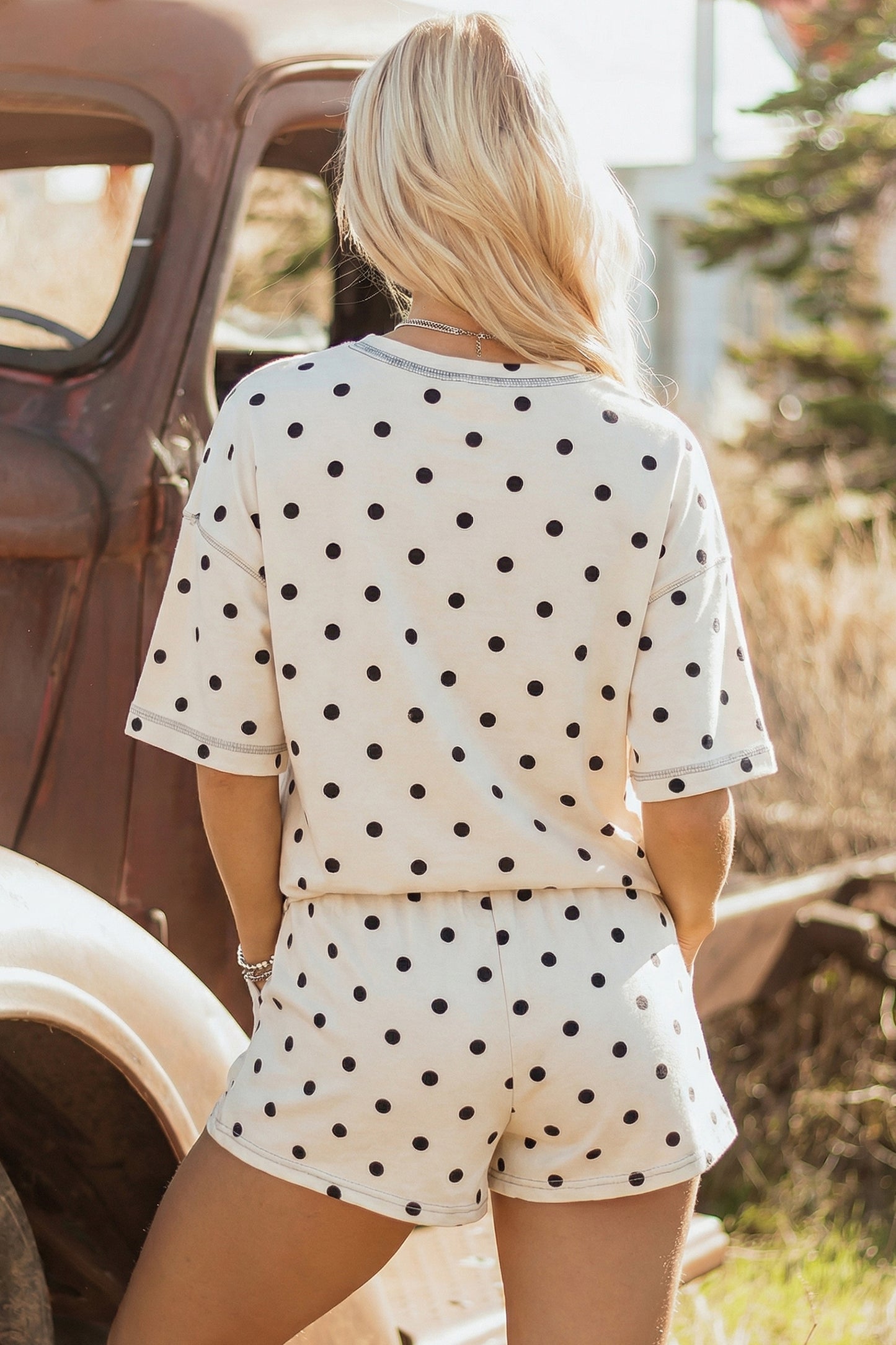 White Exposed Seam Detail Polka Dot Loose Tee Drawstring Shorts Set-Two Piece Sets/Short Sets-[Adult]-[Female]-2022 Online Blue Zone Planet