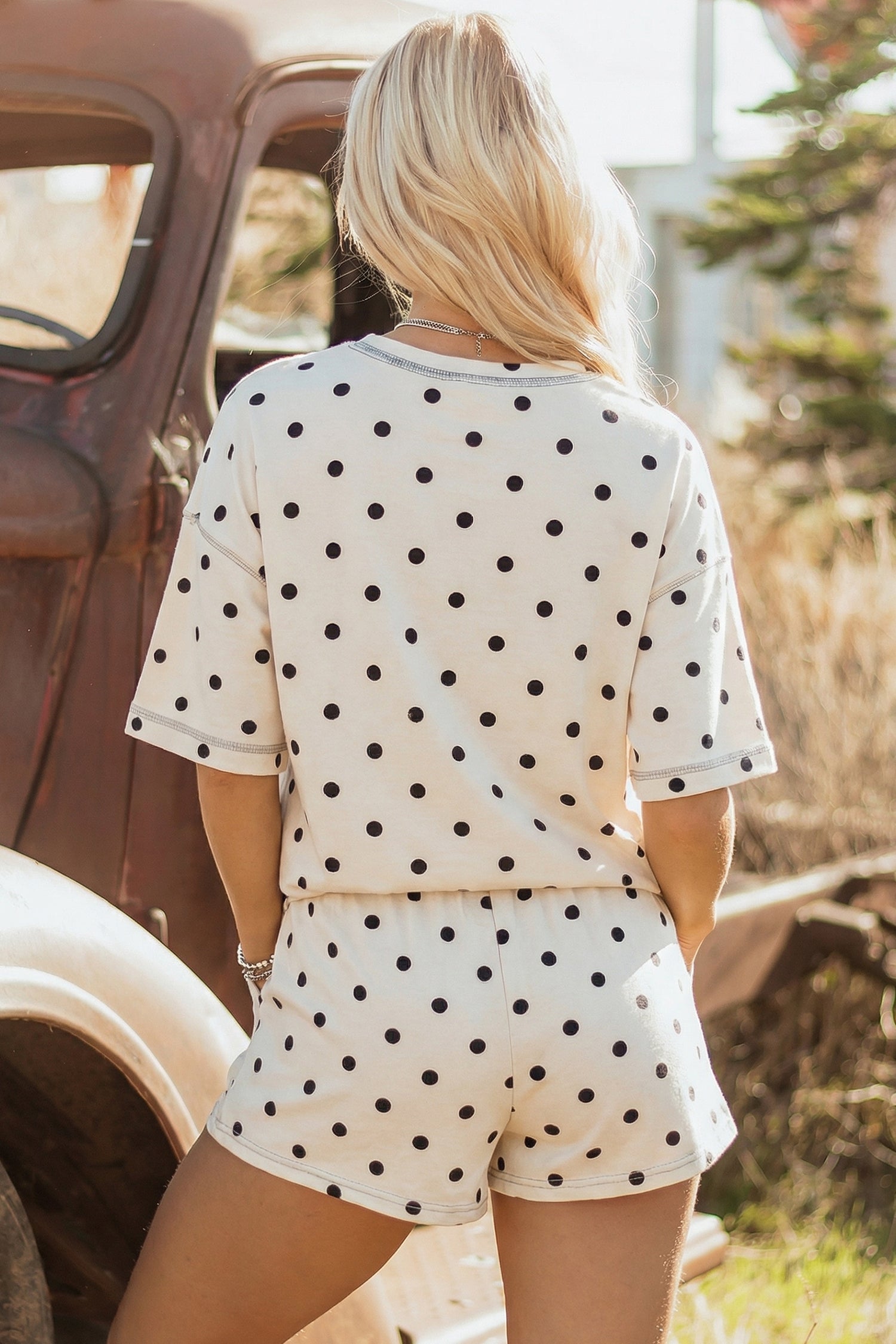 White Exposed Seam Detail Polka Dot Loose Tee Drawstring Shorts Set-Two Piece Sets/Short Sets-[Adult]-[Female]-2022 Online Blue Zone Planet