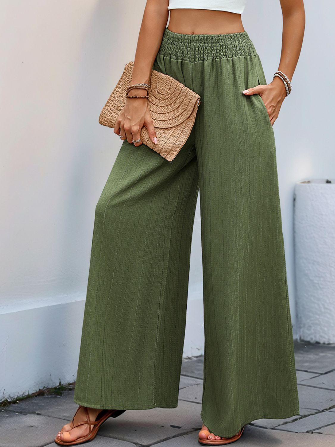 Blue Zone Planet | Perfee Smocked Wide Leg Pants-BOTTOM SIZES SMALL MEDIUM LARGE-[Adult]-[Female]-2022 Online Blue Zone Planet