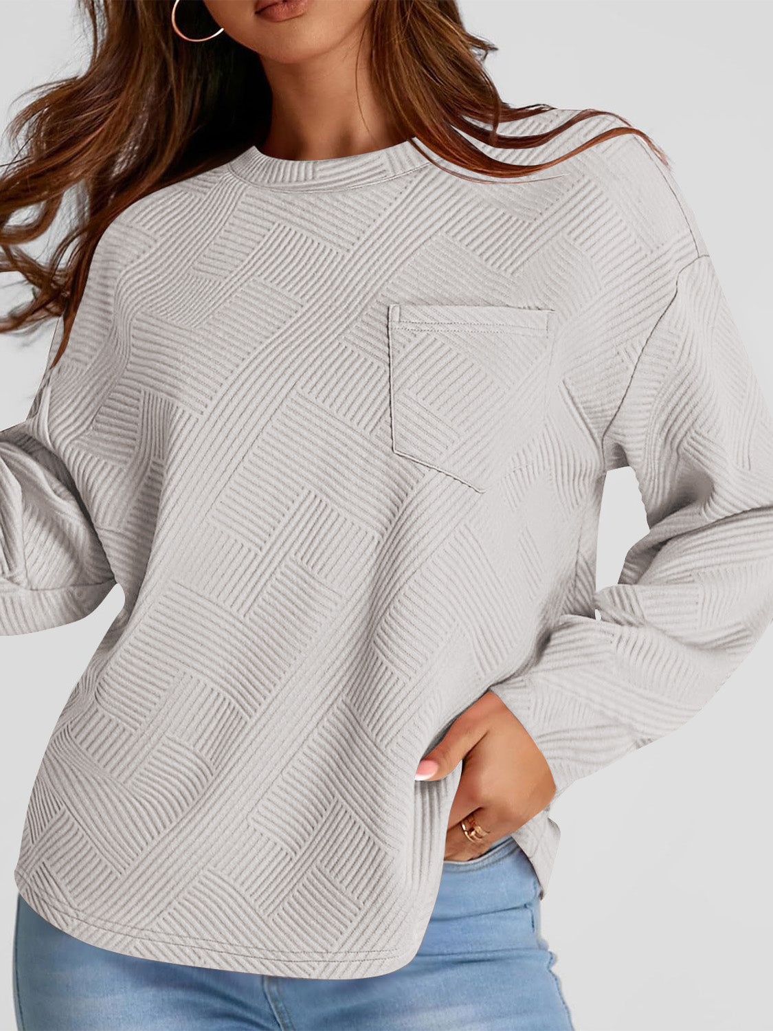 Full Size Texture Round Neck Long Sleeve Sweatshirt-TOPS / DRESSES-[Adult]-[Female]-Light Gray-S-2022 Online Blue Zone Planet