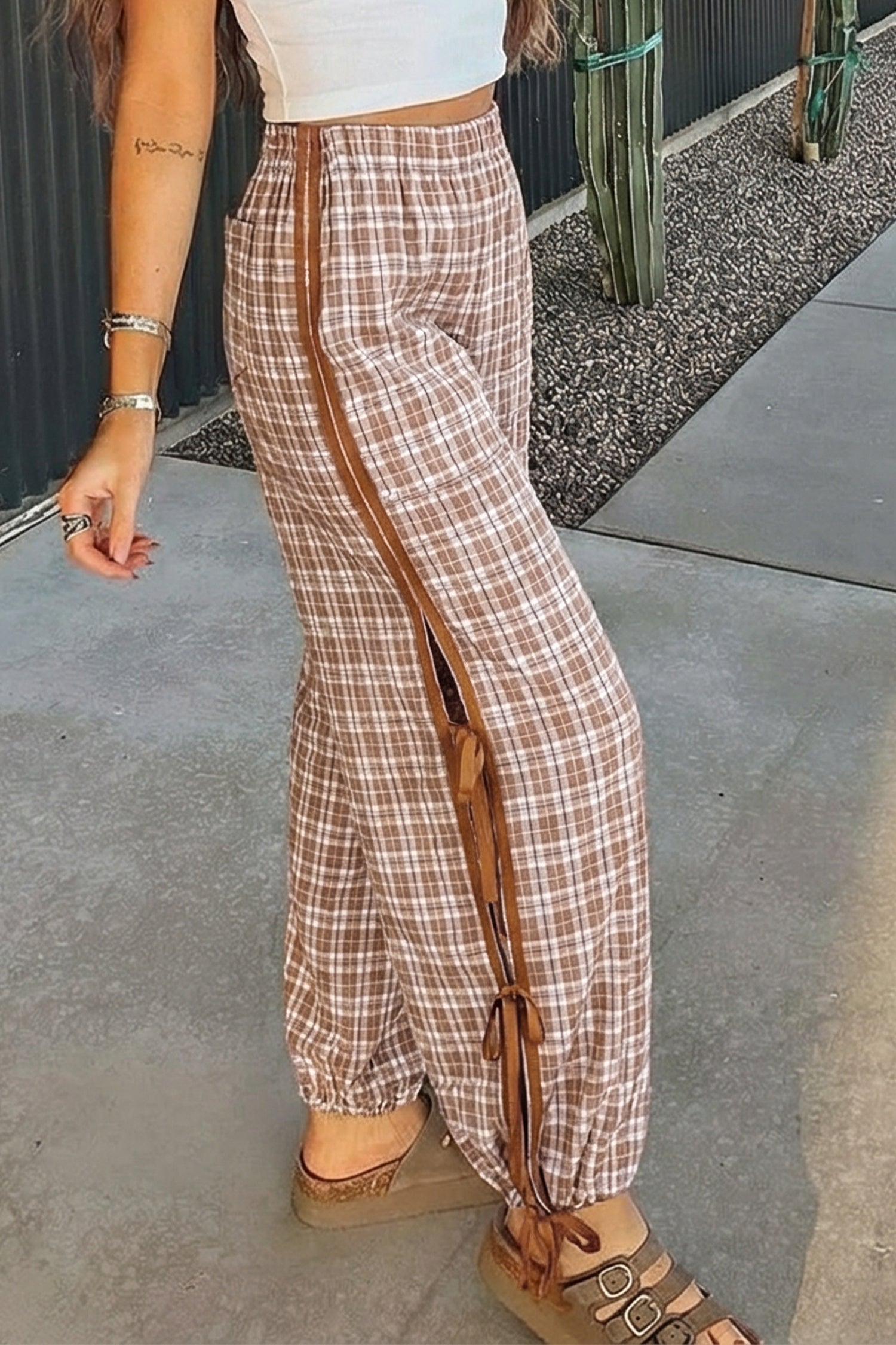 Chestnut Plaid Print Elastic Waist Bow Tie Contrast Detail Jogger Pants-Bottoms/Pants & Culotte-[Adult]-[Female]-2022 Online Blue Zone Planet