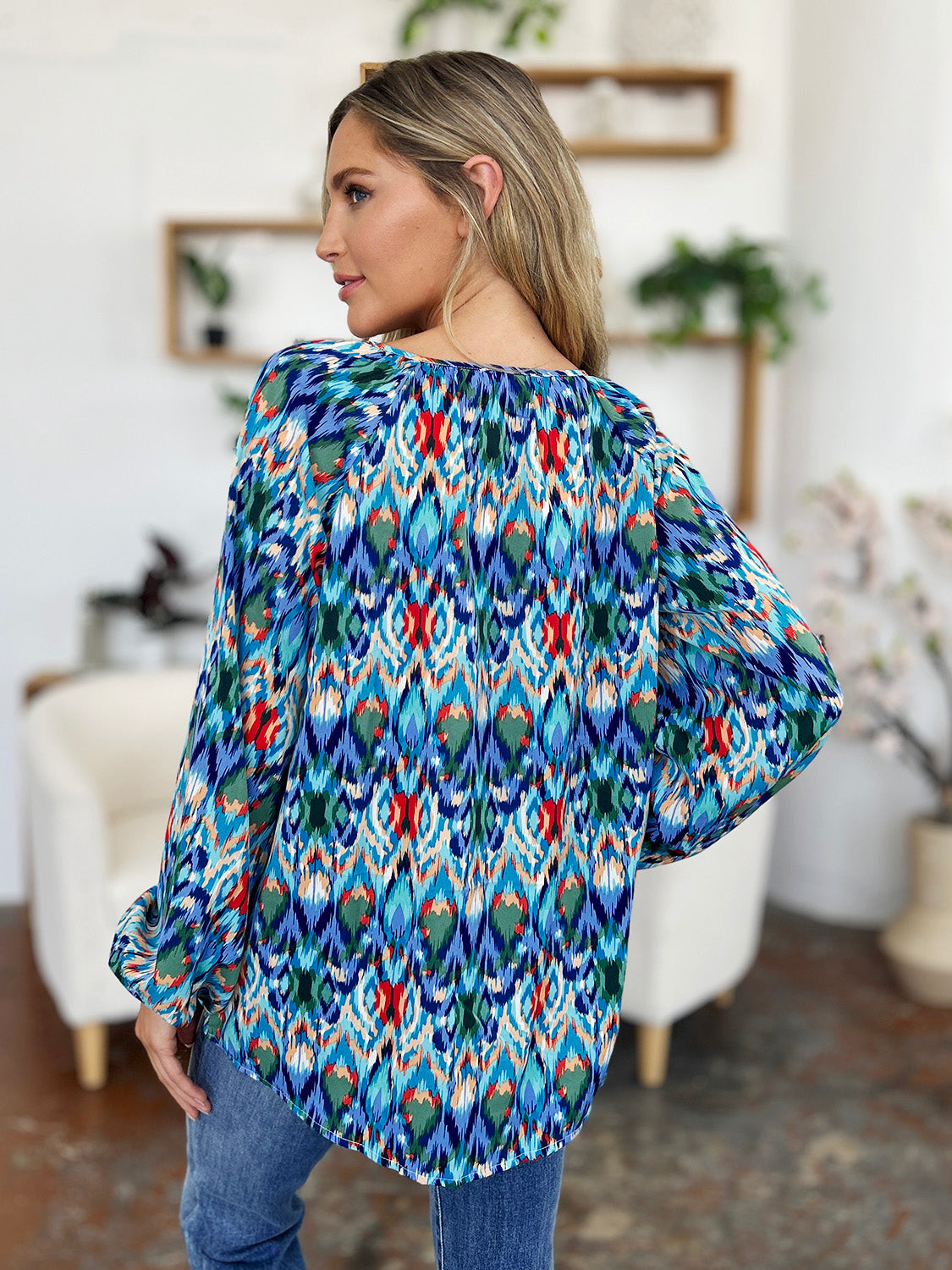 Blue Zone Planet | Double Take Full Size Printed Balloon Sleeve Blouse-TOPS / DRESSES-[Adult]-[Female]-2022 Online Blue Zone Planet