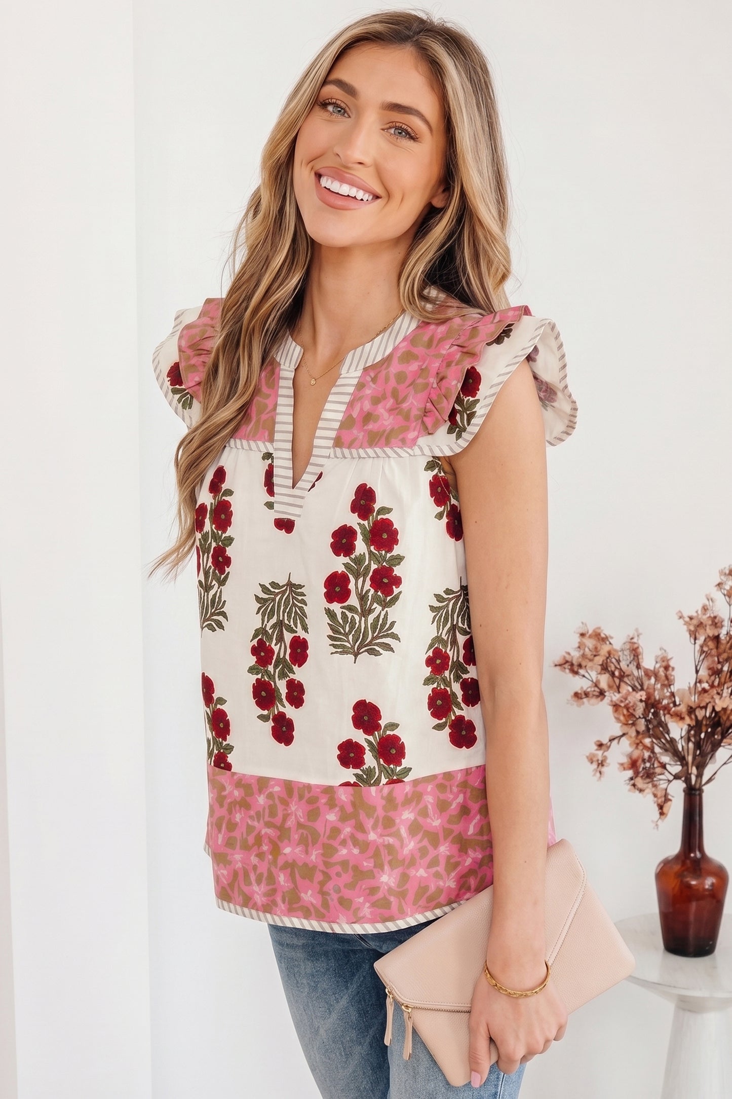 White Floral Print Contrast Striped Trim Flutter Cotton Blouse-Tops/Blouses & Shirts-[Adult]-[Female]-2022 Online Blue Zone Planet