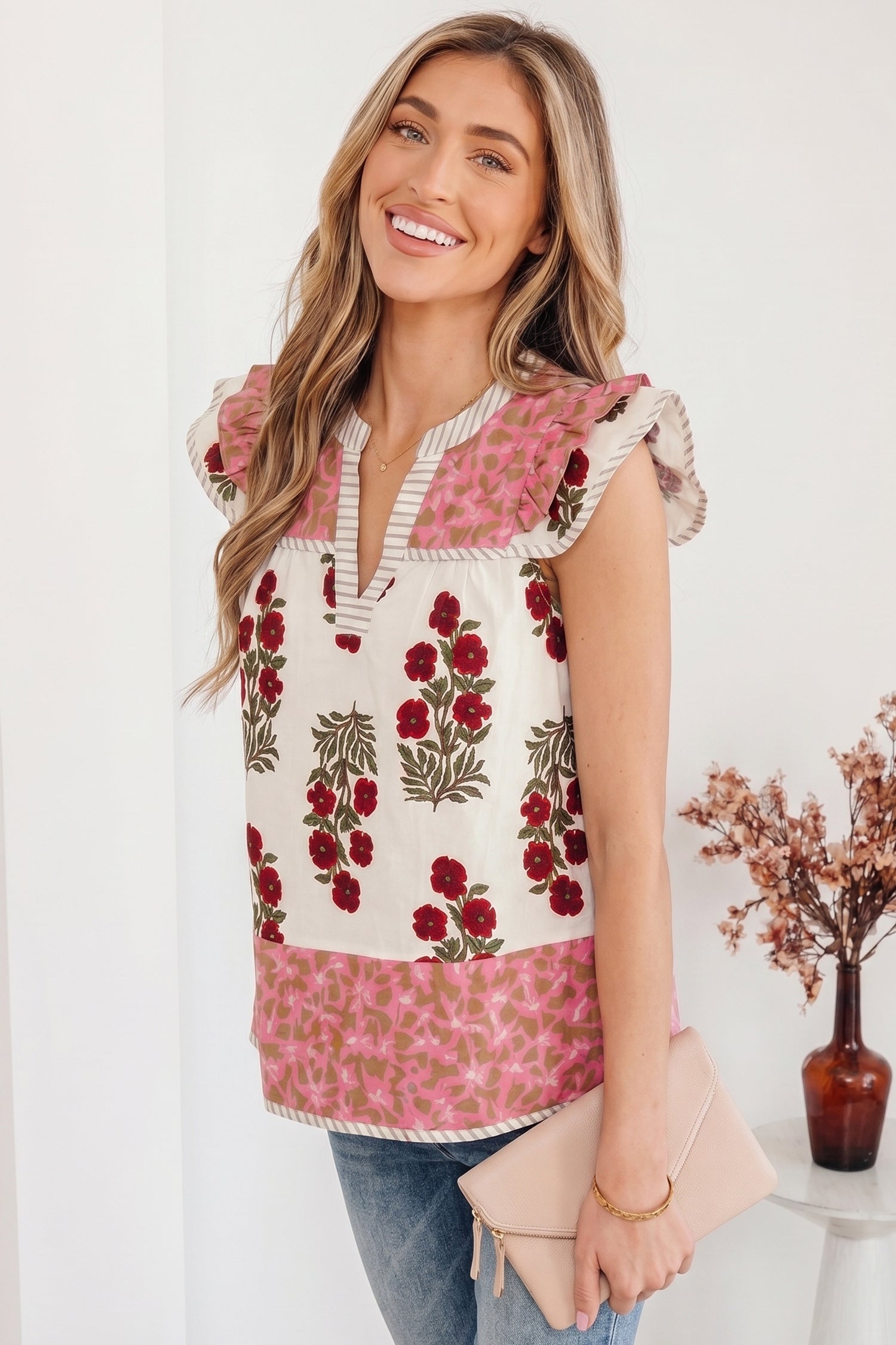White Floral Print Contrast Striped Trim Flutter Cotton Blouse-Tops/Blouses & Shirts-[Adult]-[Female]-2022 Online Blue Zone Planet