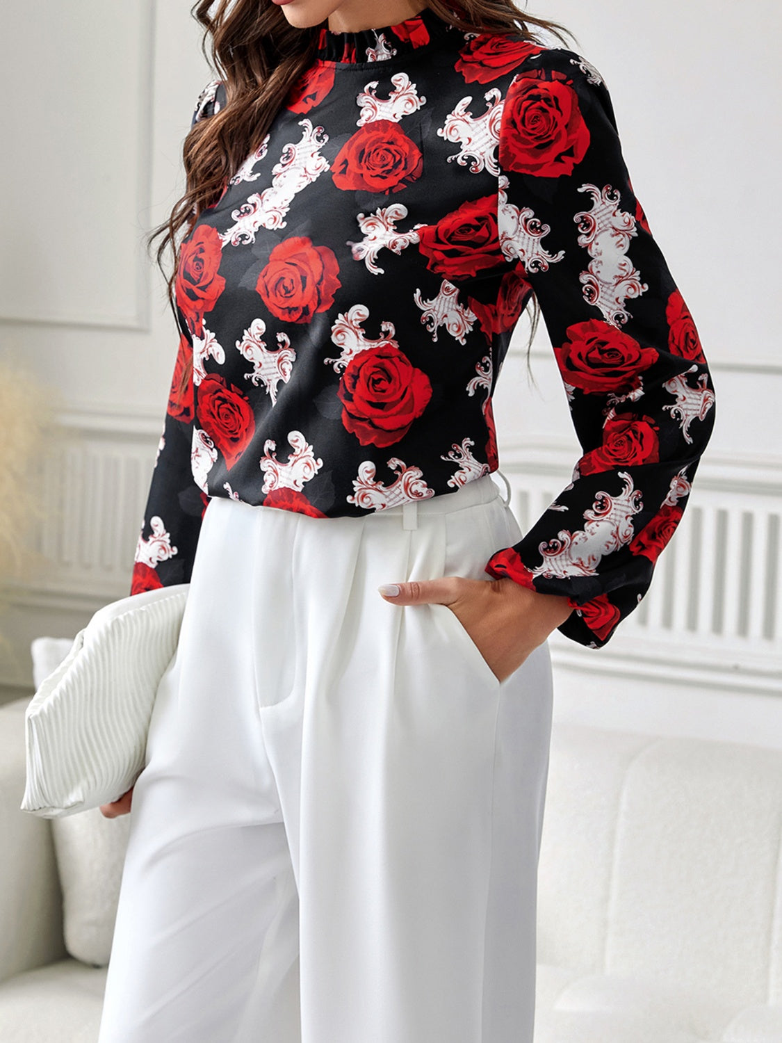 Frill Floral Mock Neck Long Sleeve Top-TOPS / DRESSES-[Adult]-[Female]-2022 Online Blue Zone Planet