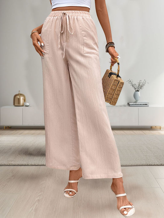 Blue Zone Planet | Perfee Tied Wide Leg Pants with Pockets-BOTTOMS SIZES SMALL MEDIUM LARGE-[Adult]-[Female]-Apricot-S-2022 Online Blue Zone Planet